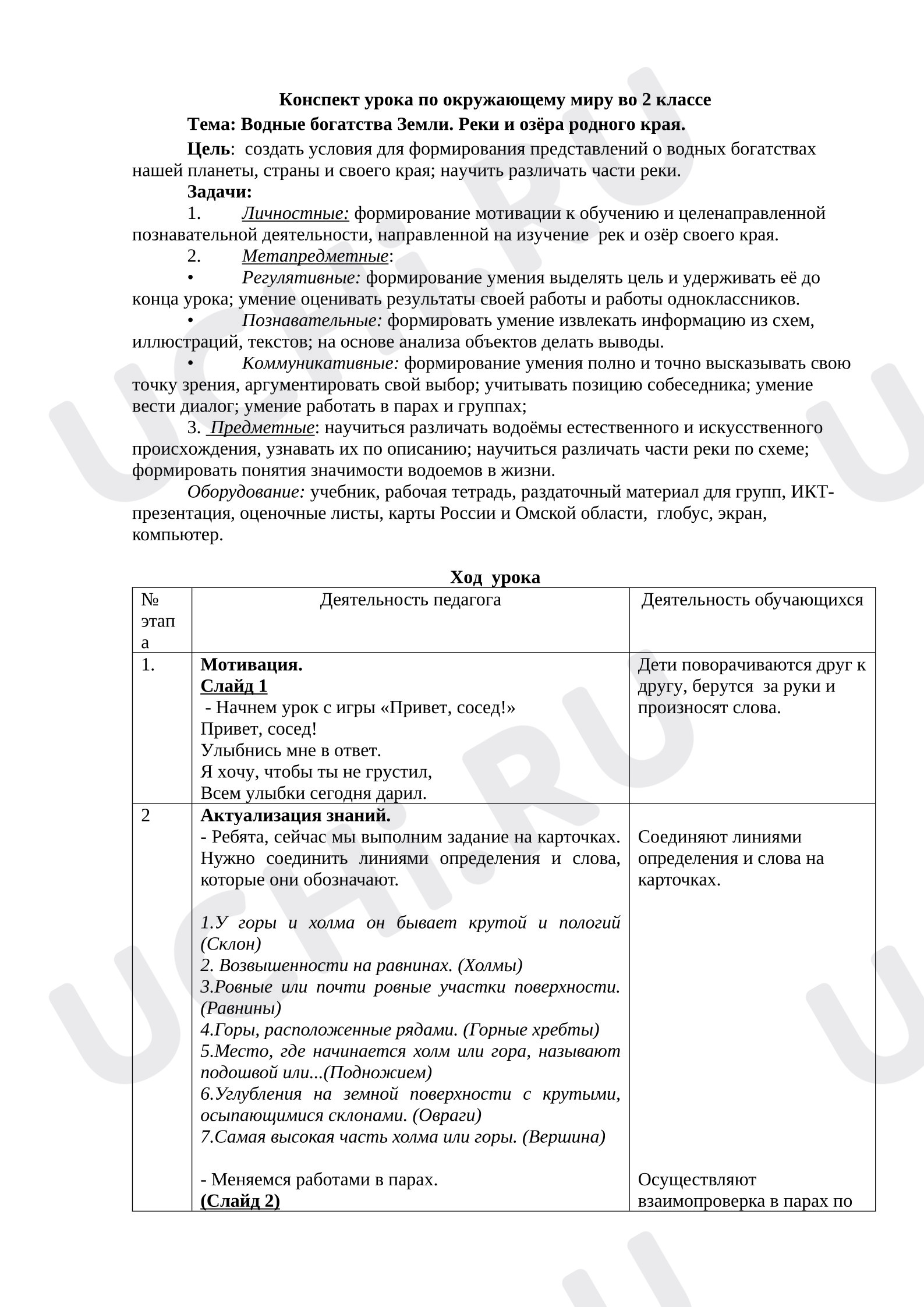 Предпросмотр материала Урок окружающего мира для 2 класса по теме "Водные богатства Земли"