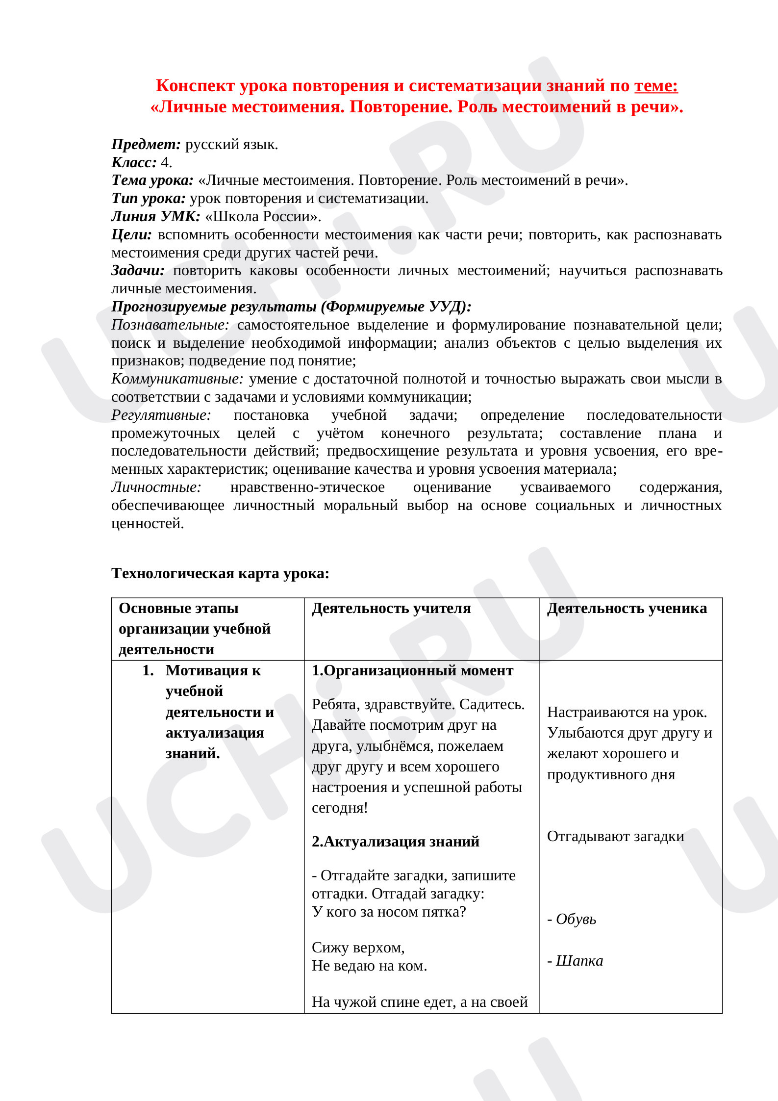 Предпросмотр материала План урока русского языка по теме: Личные местоимения. Повторение. Роль местоимений в речи
