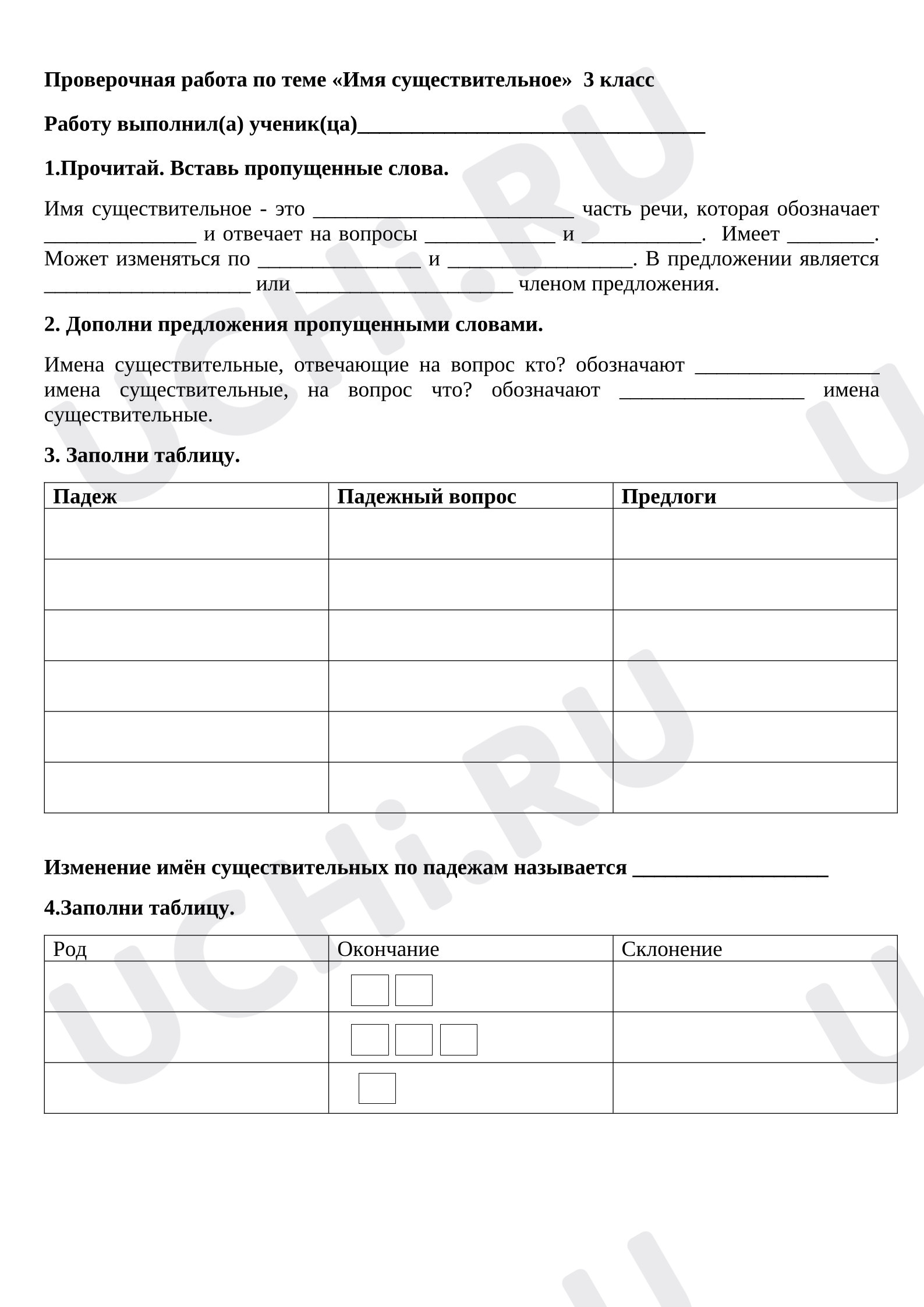 Предпросмотр материала Проверочная работа по русскому языку  по теме "Имя существительное" 3 четверть