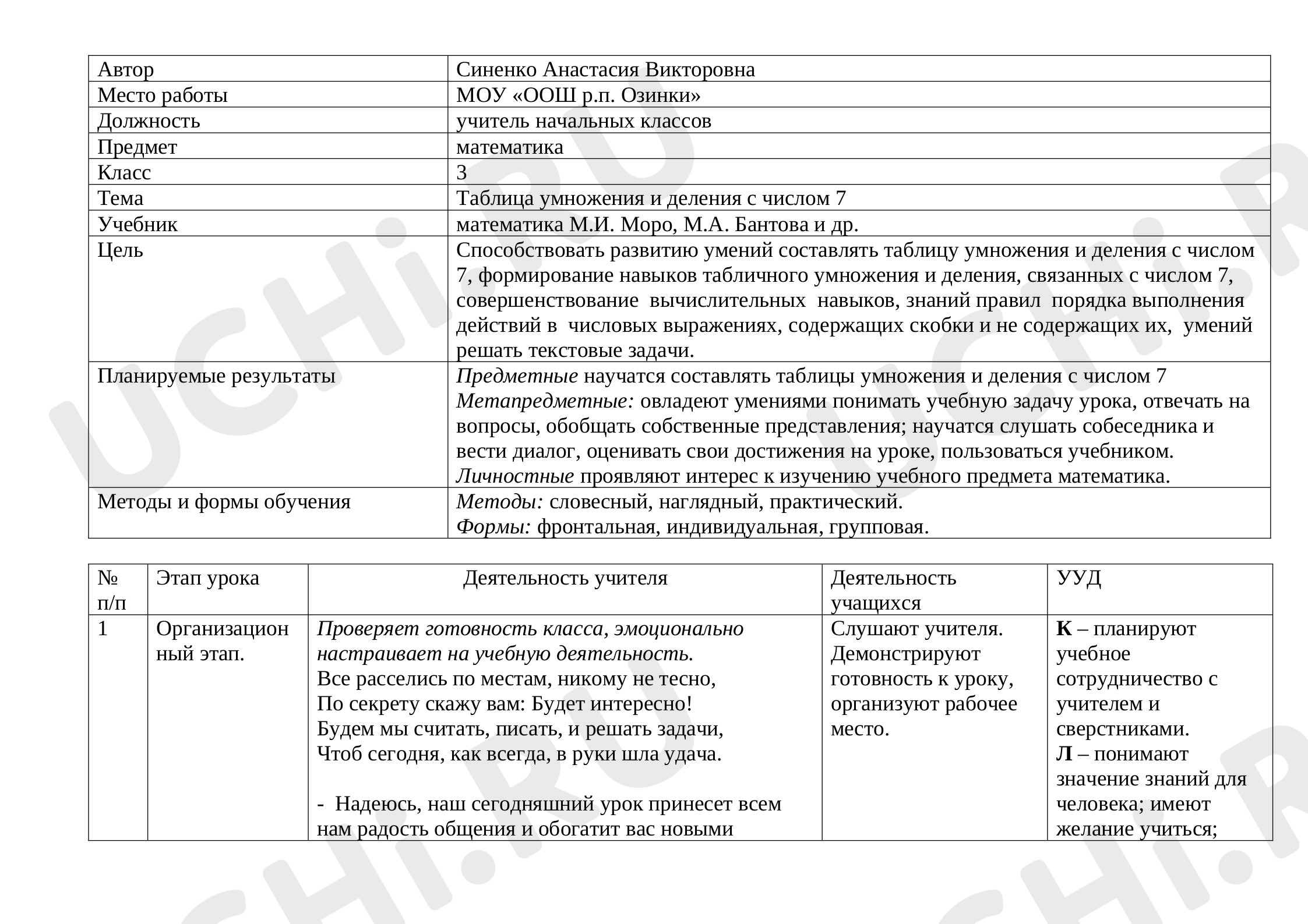 Предпросмотр материала Технологическая карта урока по теме: «Таблица умножения и деления на 7».