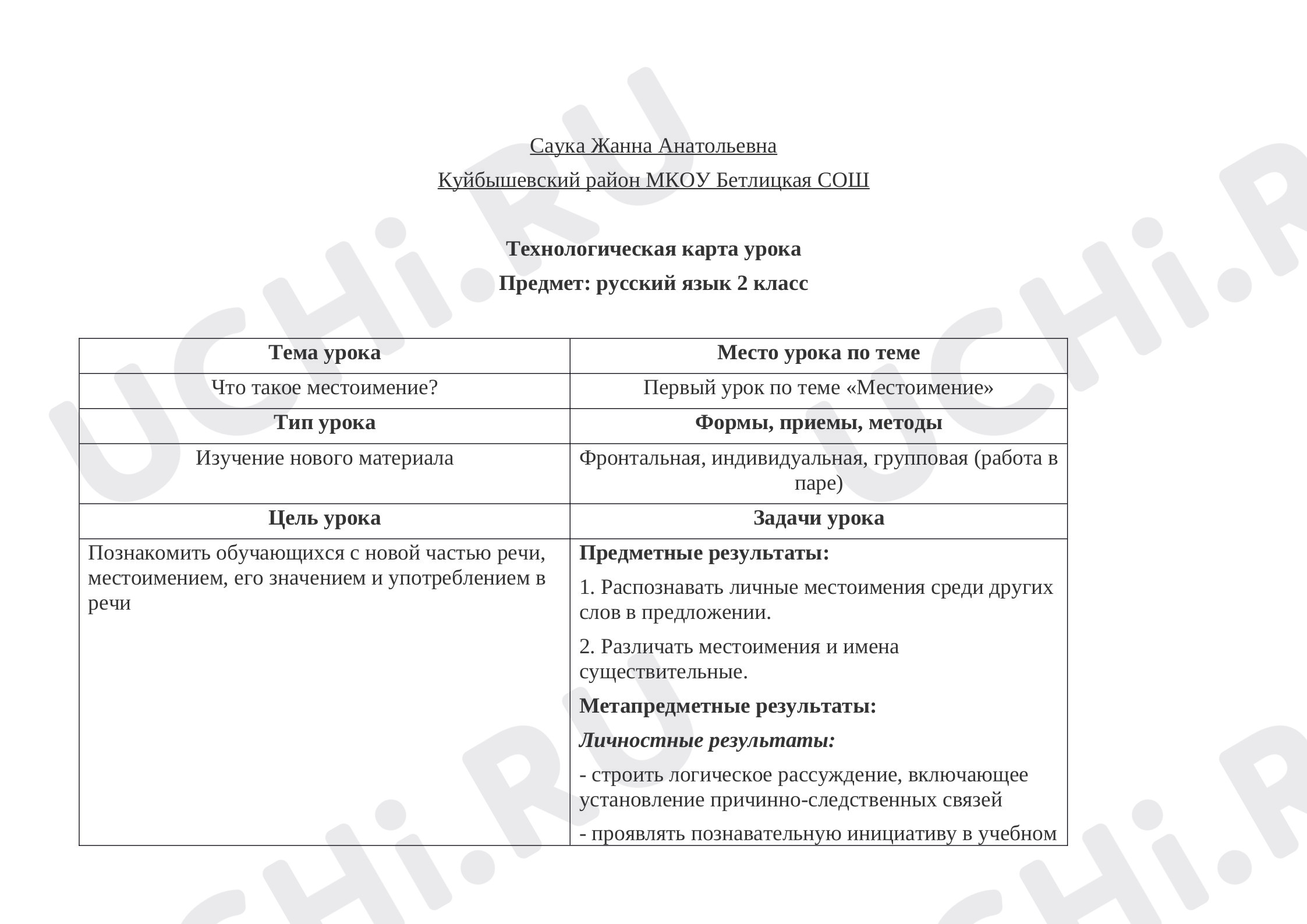 Предпросмотр материала Технологическая карта урока на тему Местоимение. Предмет: русский язык 2 класс