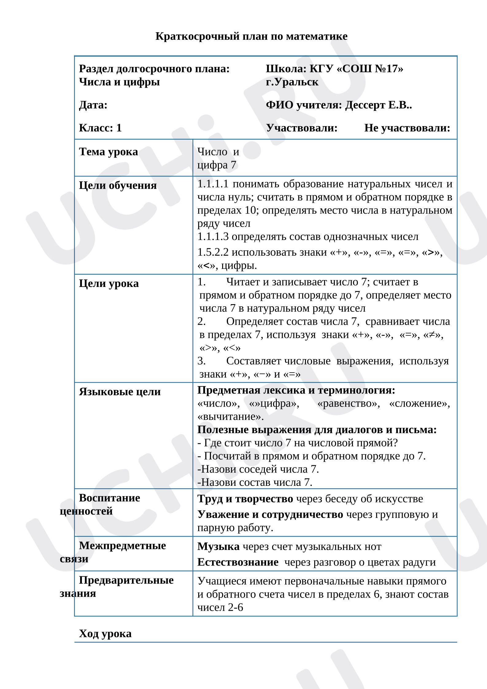 Предпросмотр материала План урока математики по теме: "Число и цифра 7"
