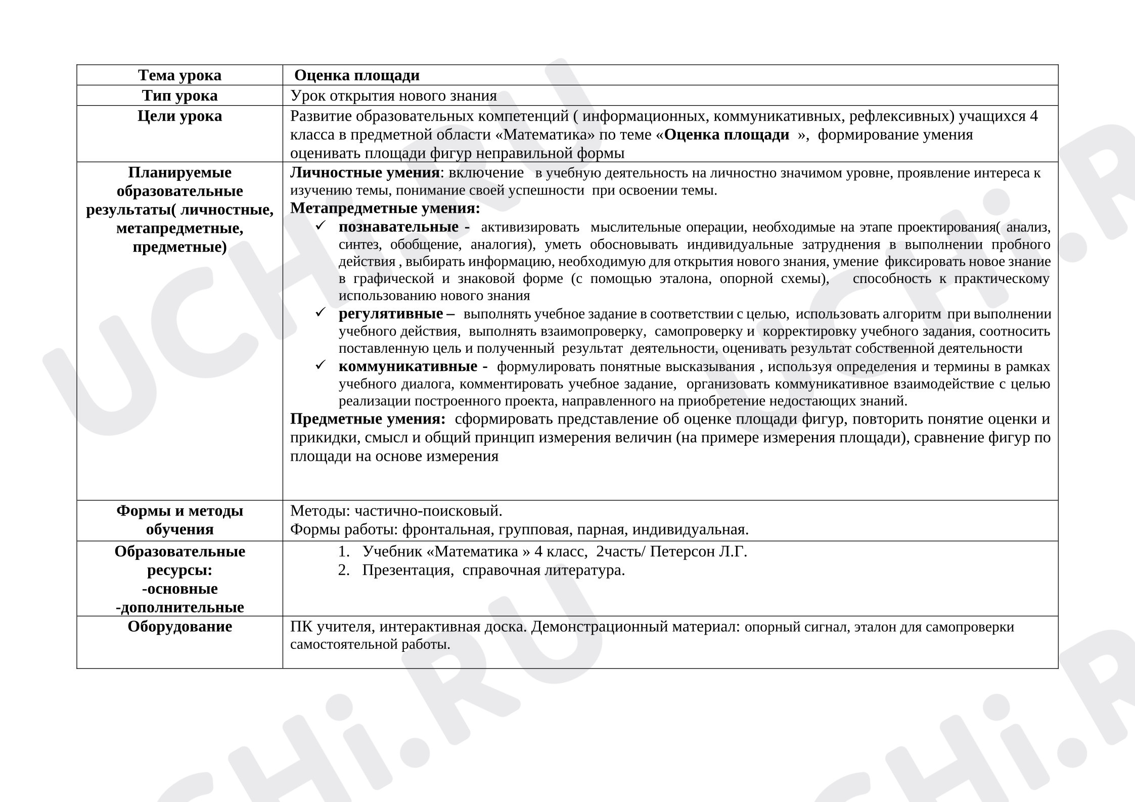 Предпросмотр материала Технологическая карта к уроку математики, Оценка площади