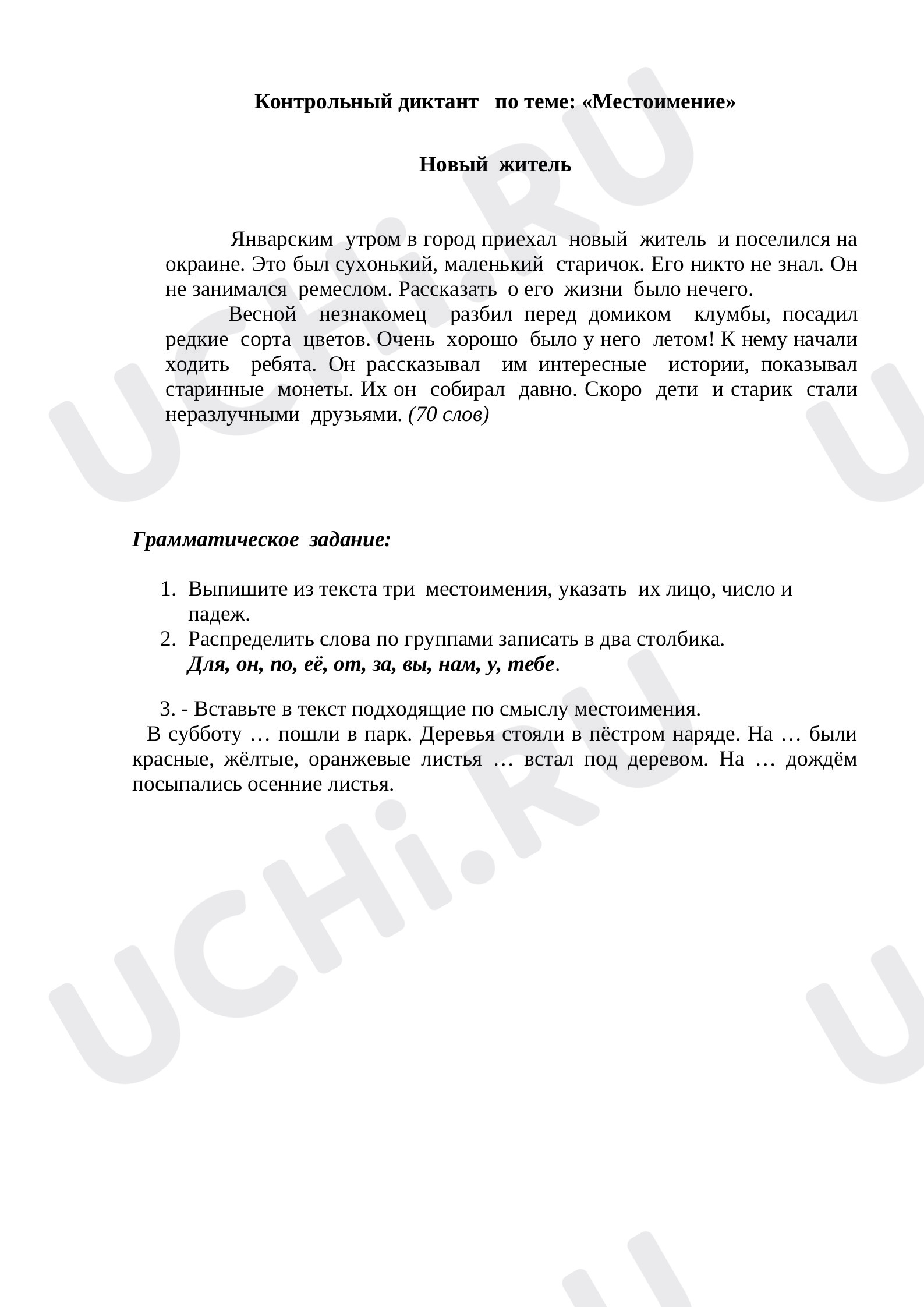 Предпросмотр материала Контрольный диктант по теме "Местоимение"