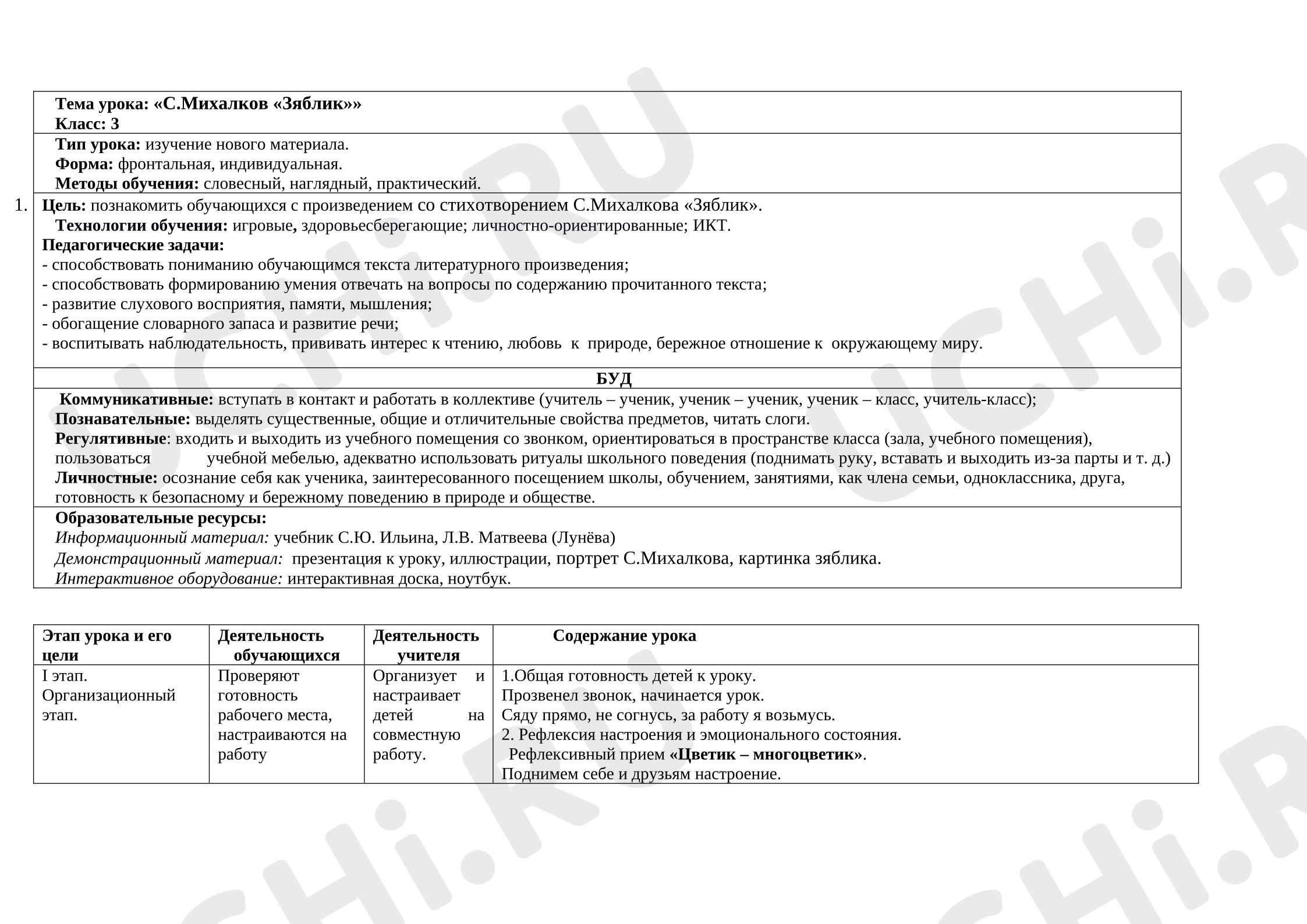 Предпросмотр материала План открытого урока. Сергей Михалков, Зяблик.