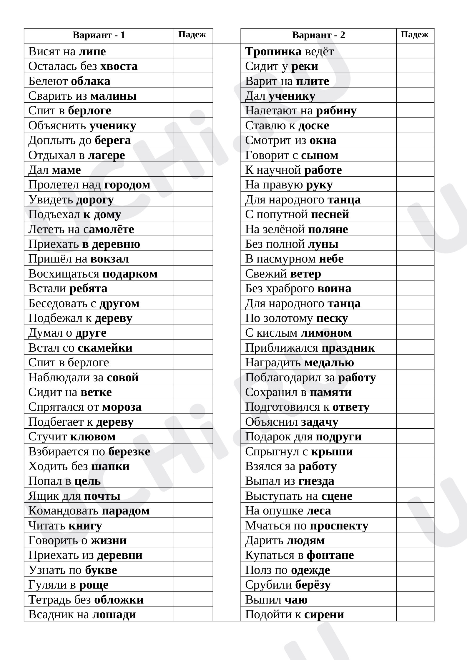 Предпросмотр материала Рабочие листы к уроку русского языка. Падежи имён существительных.
