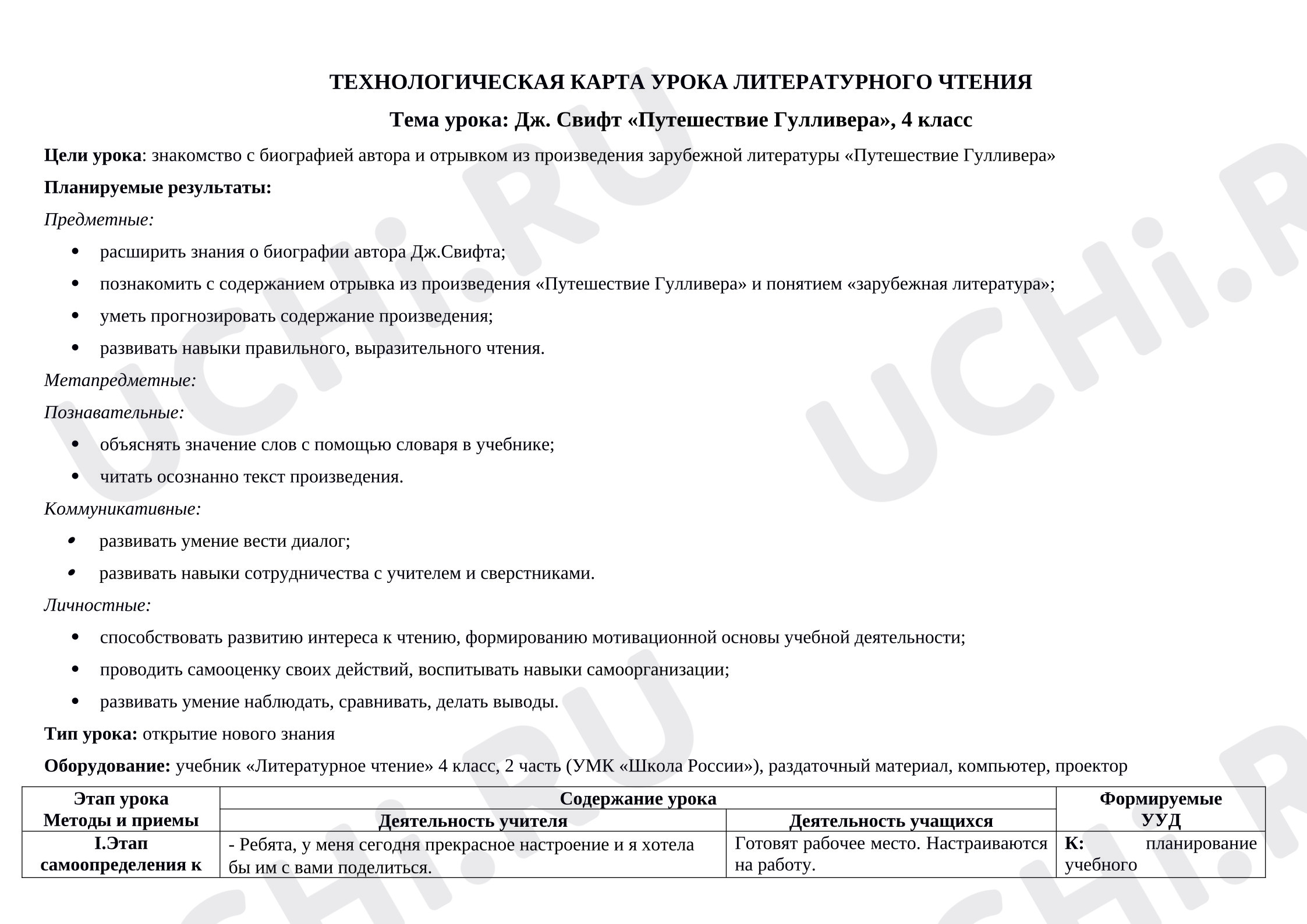 Предпросмотр материала Технологическая карта урока литературного чтения "Путешествие Гулливера", 4 класс
