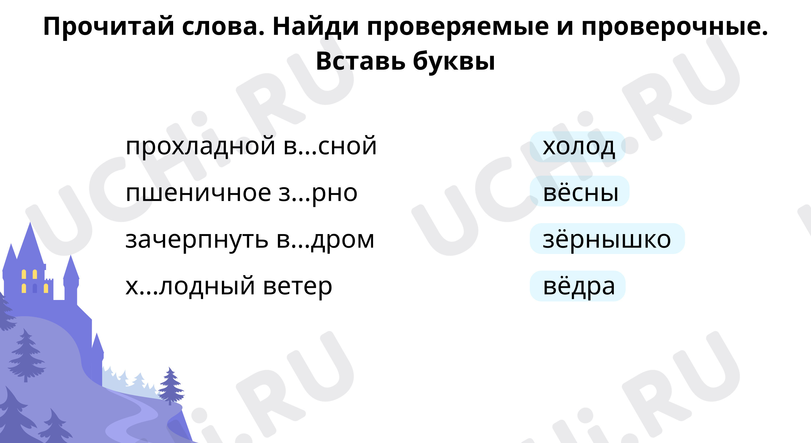 Вставь пропущенные буквы: Повторение. Однородные члены предложения. Части  речи | Учи.ру