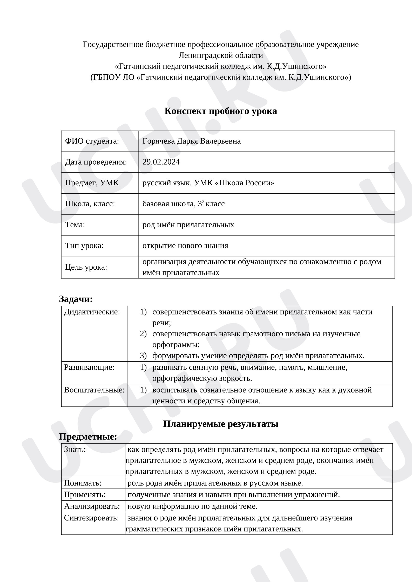 Предпросмотр материала План урока русского языка. Род имен прилагательных.
