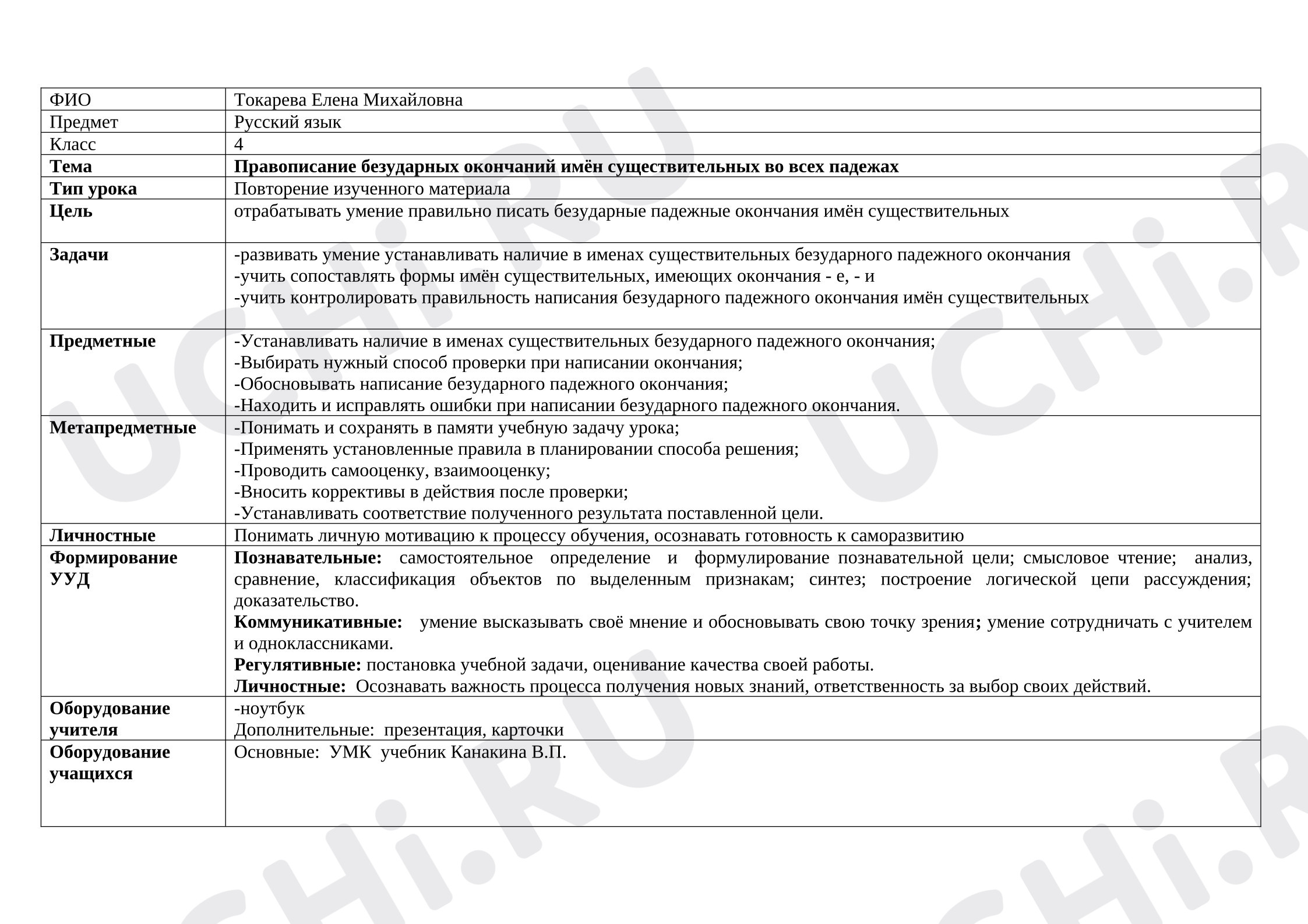Предпросмотр материала План урока русского язык по теме: Правописание безударных окончаний имён существительных во всех падежах