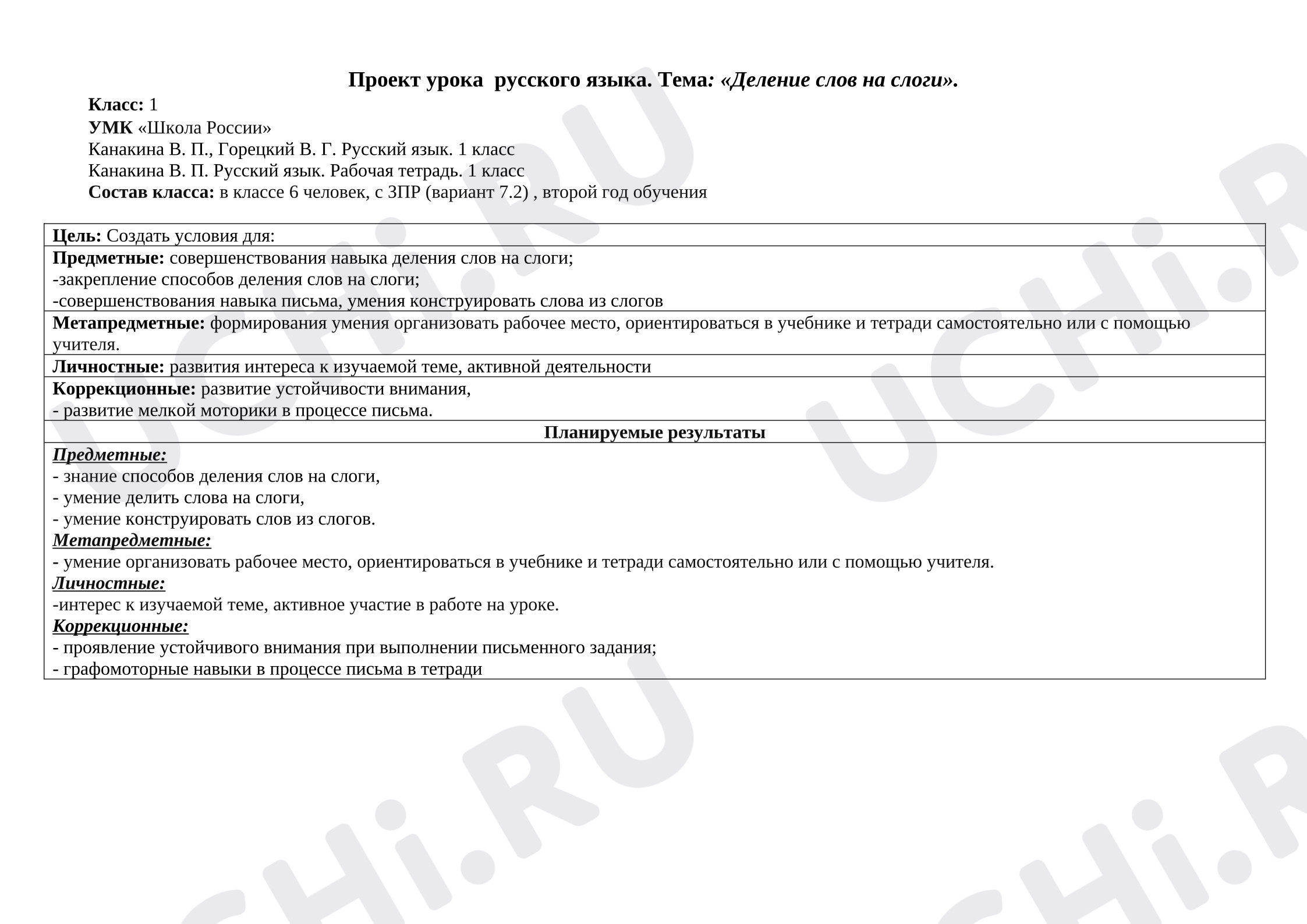 Предпросмотр материала План урока русского языка. Тема: «Деление слов на слоги». ЗПР (вариант 7.2)