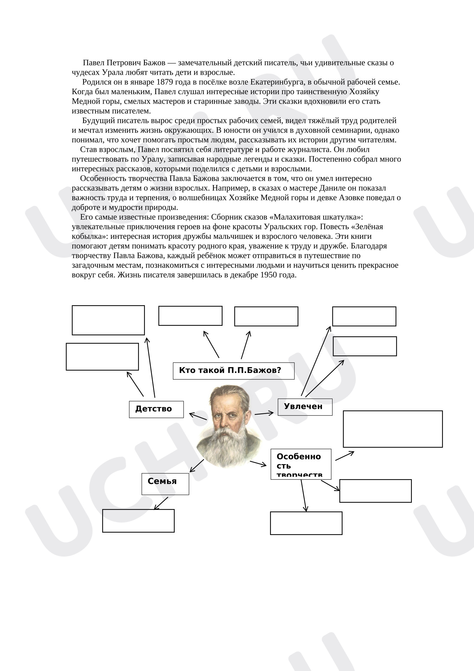 Предпросмотр материала Рабочий лист к уроку литературного чтения. Интеллект-карта (кластер) по биографии П.П.Бажова