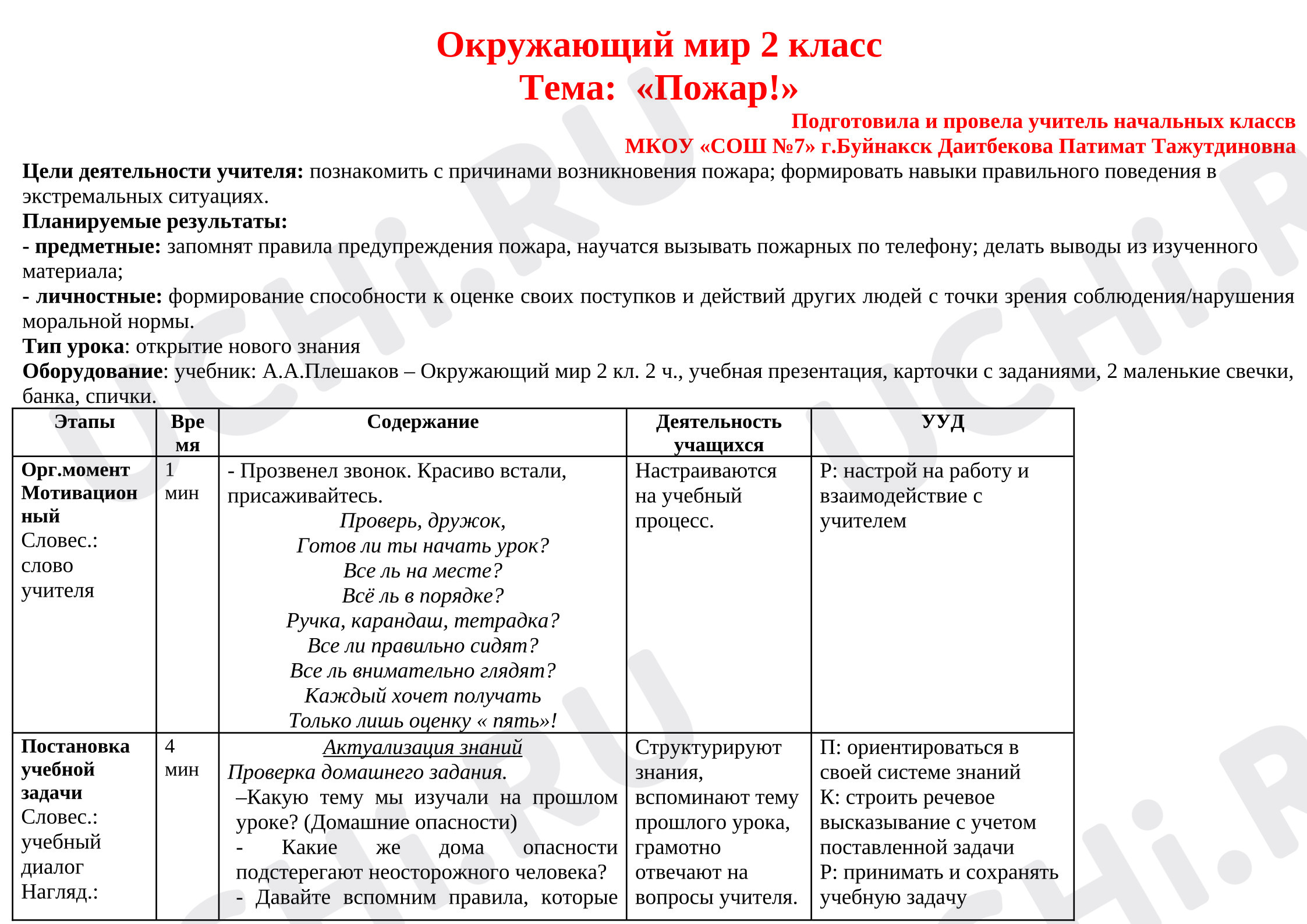 Предпросмотр материала Конспект урока по окружающему миру на тему " Пожар"