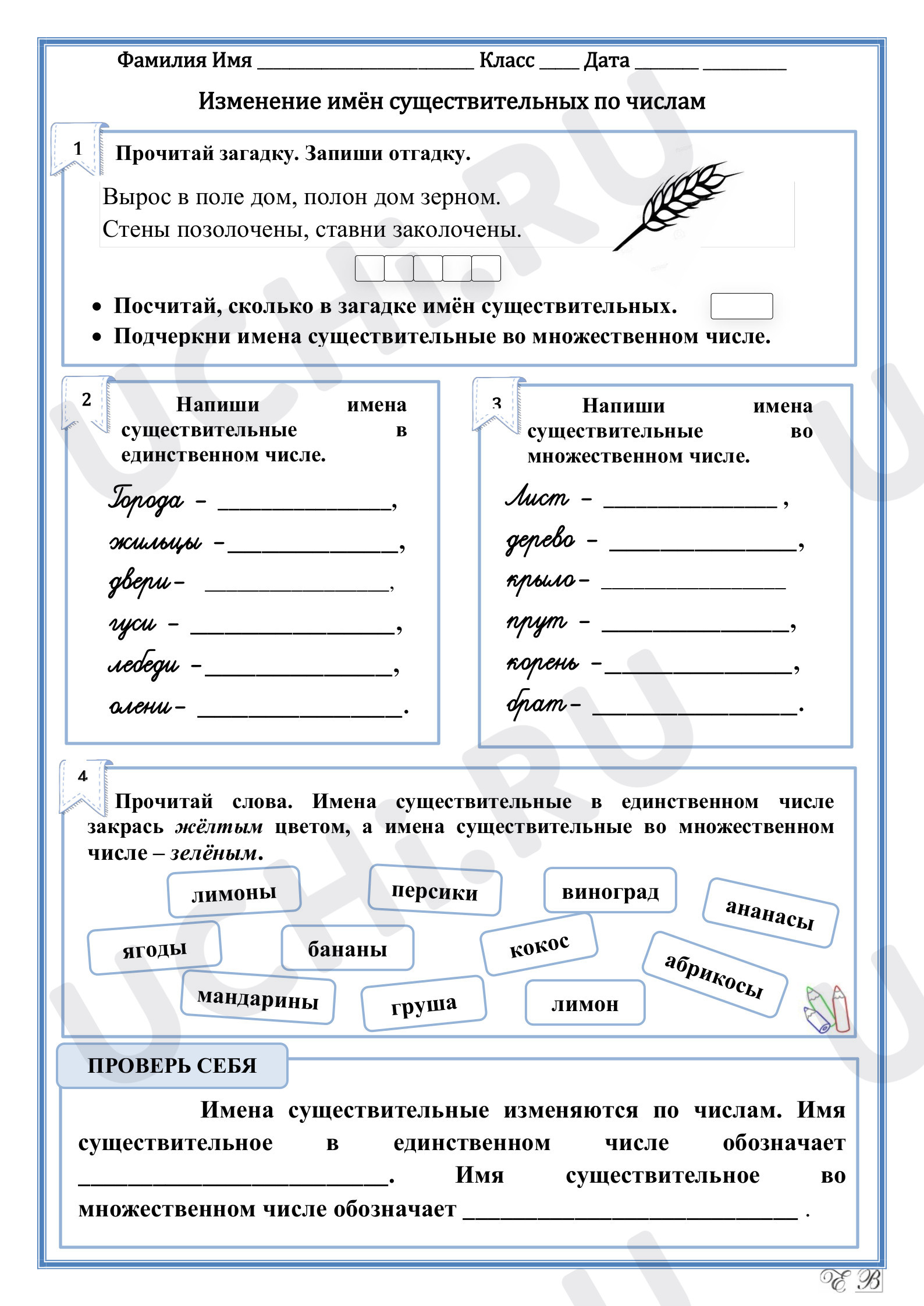 📒 Рабочий лист №7 по теме “Имя существительное. Единственное и ...