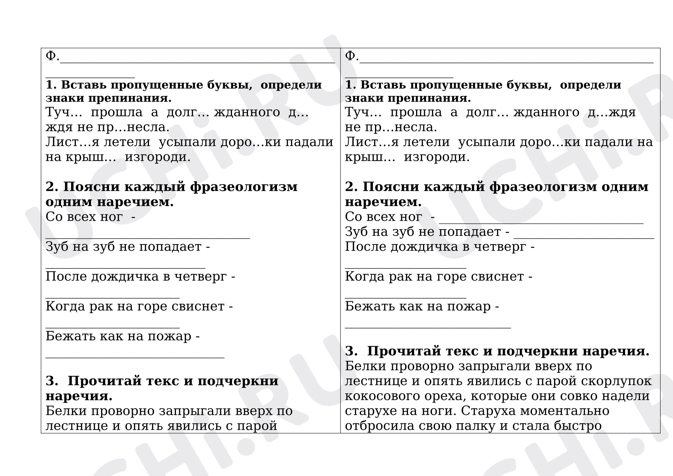 Предпросмотр материала Самостоятельная работа к уроку русского языка. Повторение. Однородные члены предложения. Наречие. Фразеологизмы.