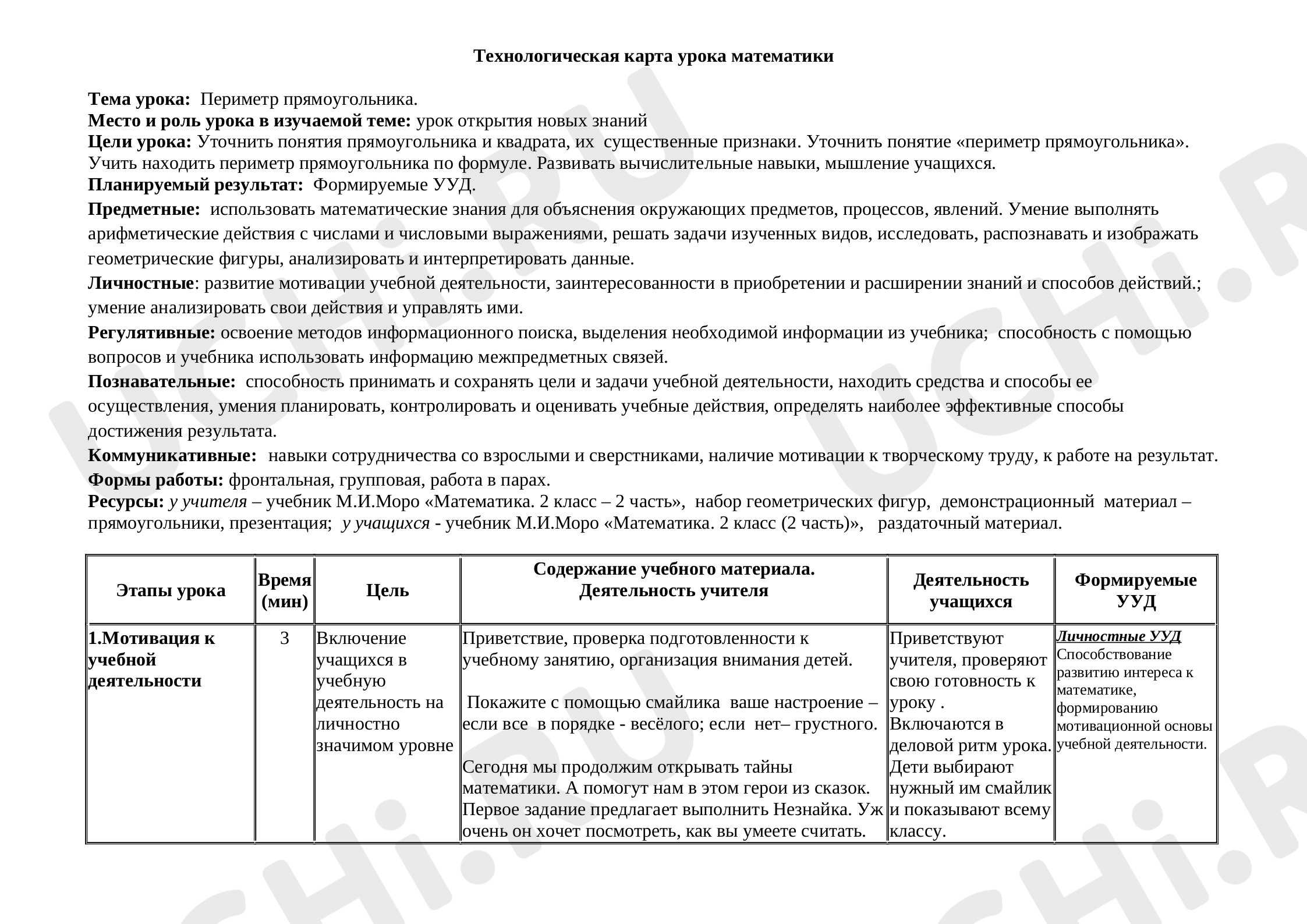 Предпросмотр материала План урока математики по теме: "Периметр прямоугольника"