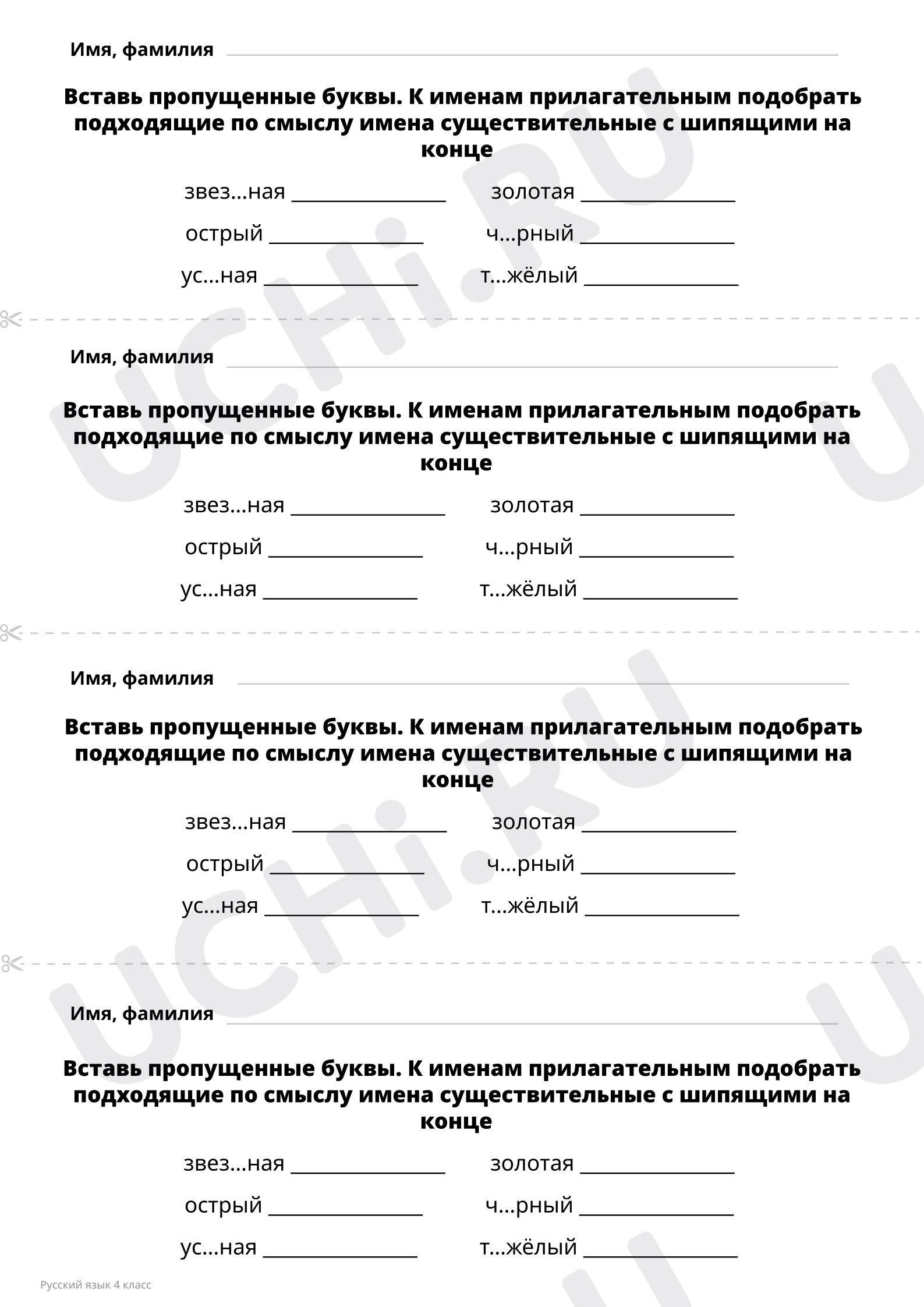 Задание базового уровня сложности. Подбери к прилагательным существительные  с шипящим на конце слова: Повторяем орфограмму «Ь на конце слов после  шипящих». Работа над ошибками | Учи.ру