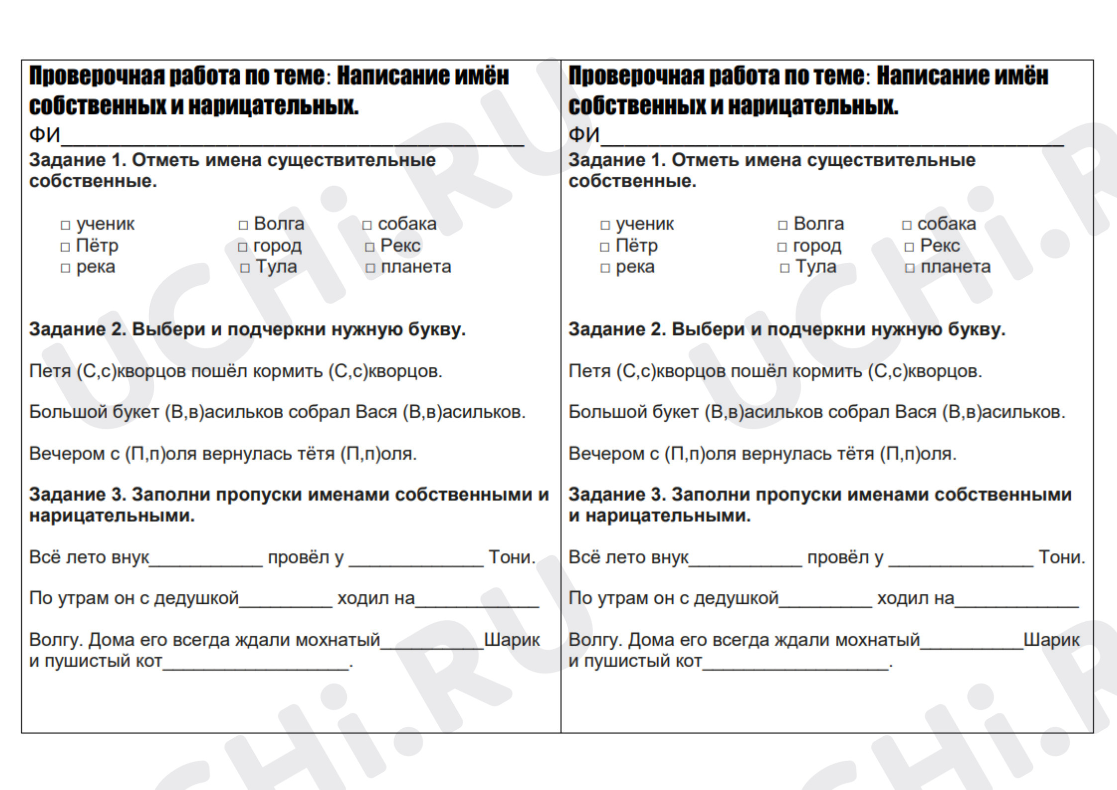 Предпросмотр материала Проверочная работа к уроку русского языка. Имена собственные и нарицательные
