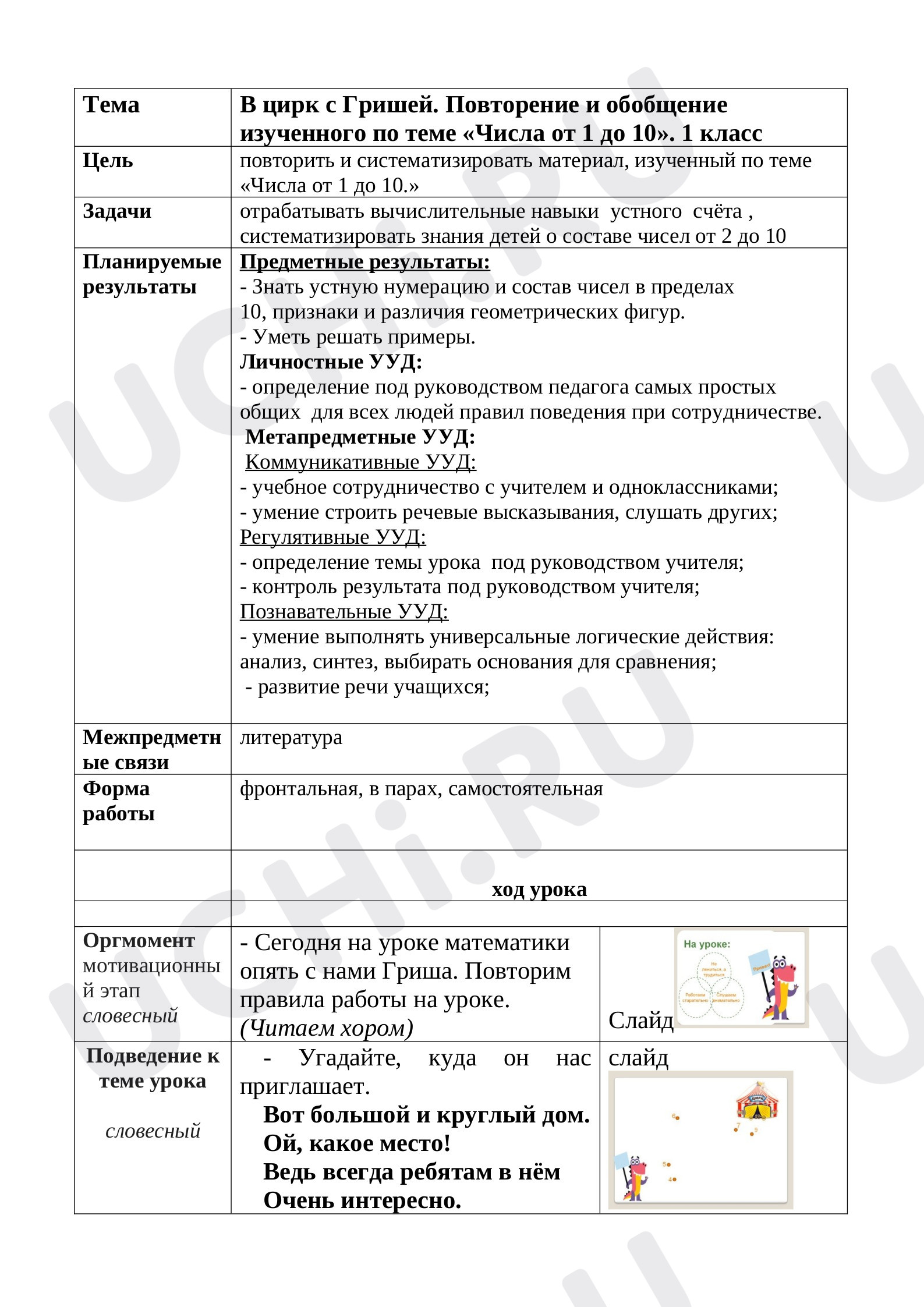 Предпросмотр материала Конспект урока математики в 1 классе. В цирк с Гришей. Повторение и обобщение изученного по теме «Числа от 1 до 10».
