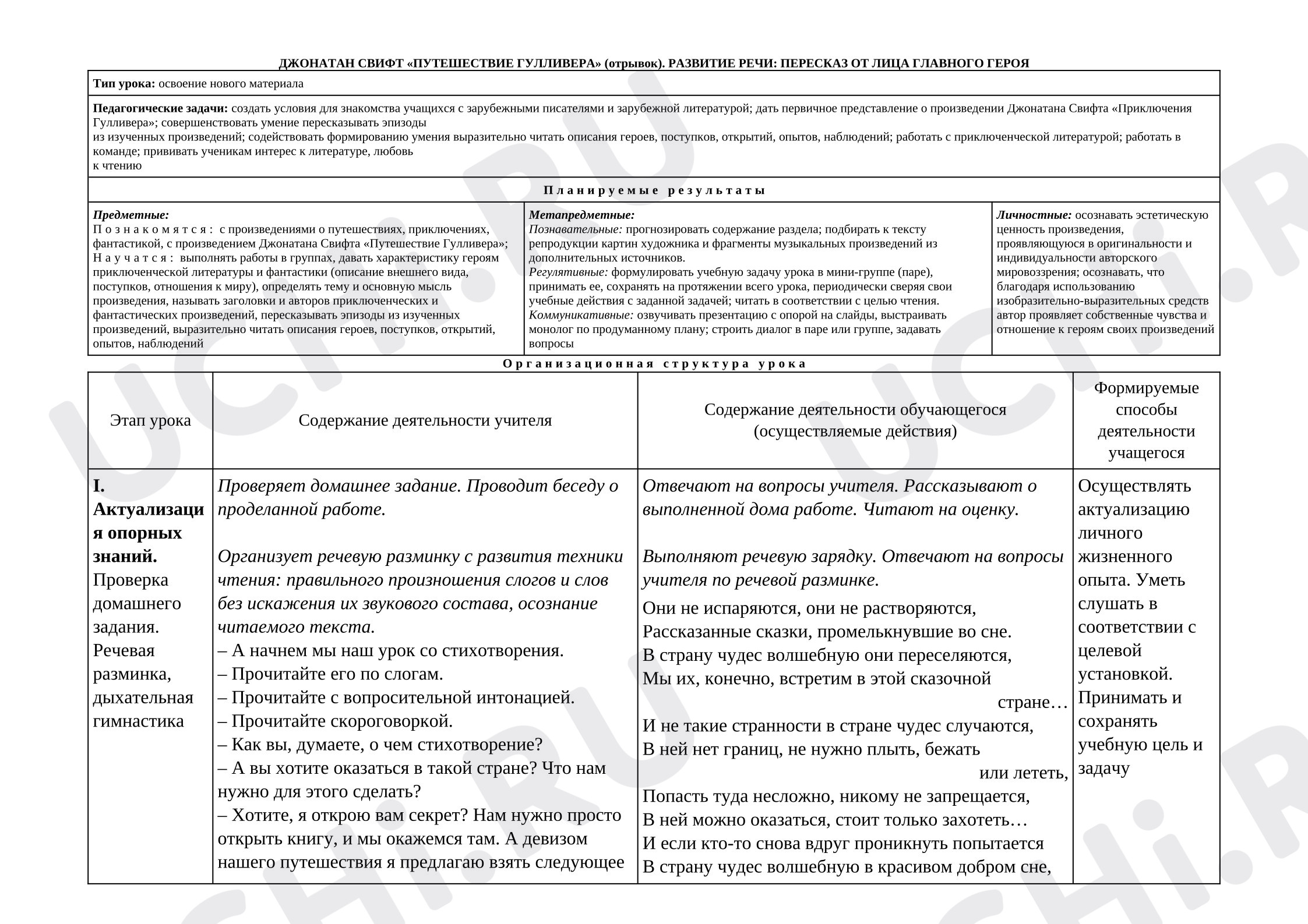 Предпросмотр материала План урока литературного чтения. Джонатан Свифт «Путешествие Гулливера» (отрывок). Развитие речи: пересказ от лица главного героя.