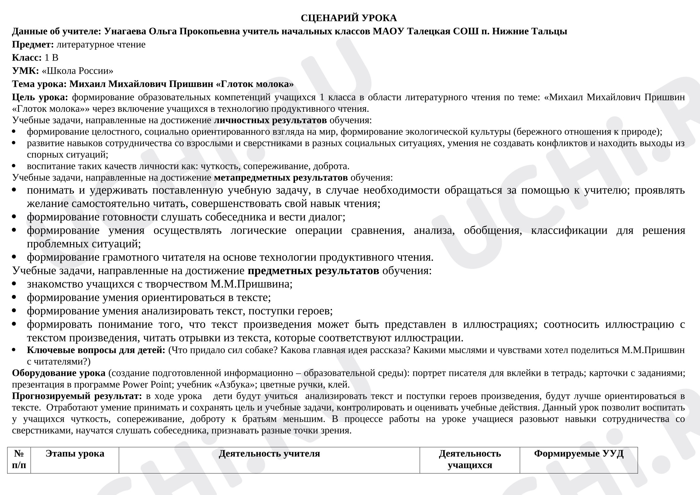 Предпросмотр материала Конспект урока литературного чтения. Михаил Михайлович Пришвин «Глоток молока»
