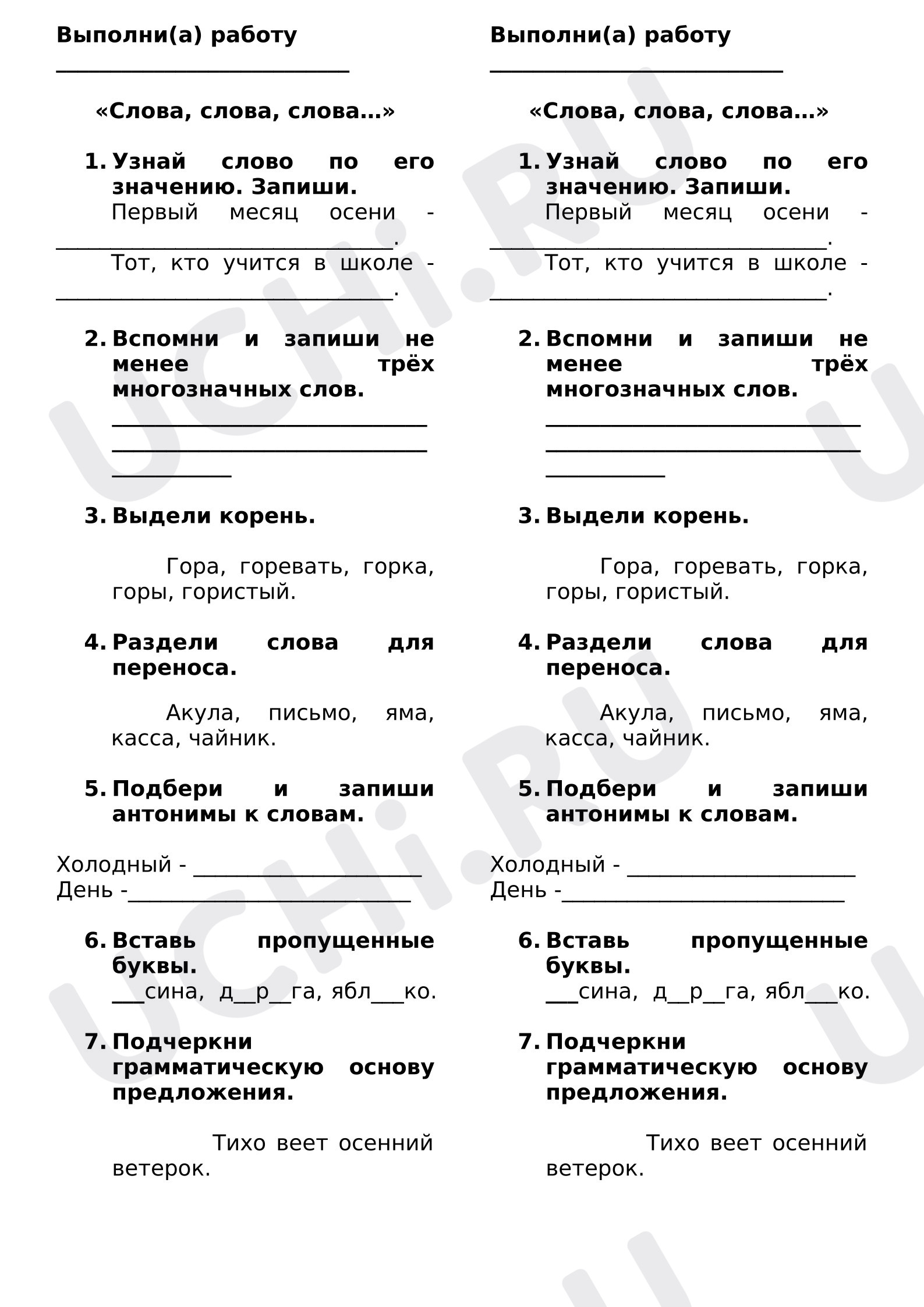 Предпросмотр материала Проверочная работа к уроку русского языка по теме «Слова, слова, слова».
