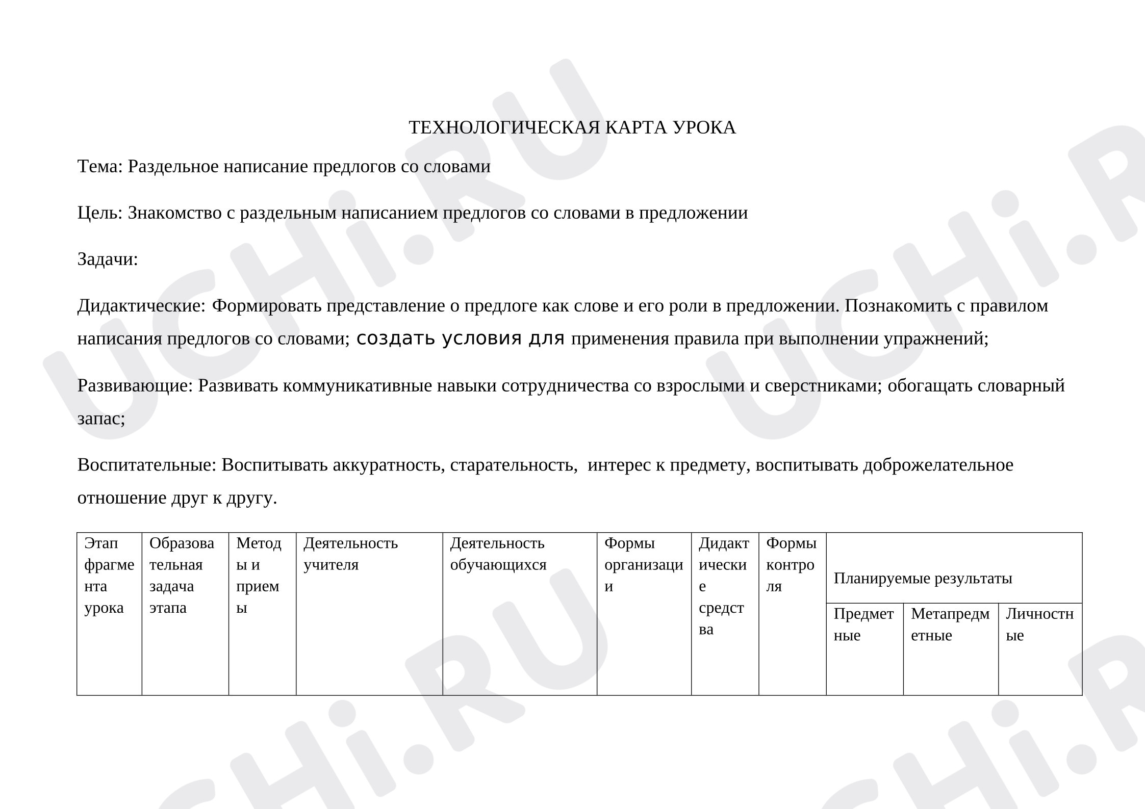Предпросмотр материала Технологическая карта урока русского языка. Раздельное написание предлогов со словами.