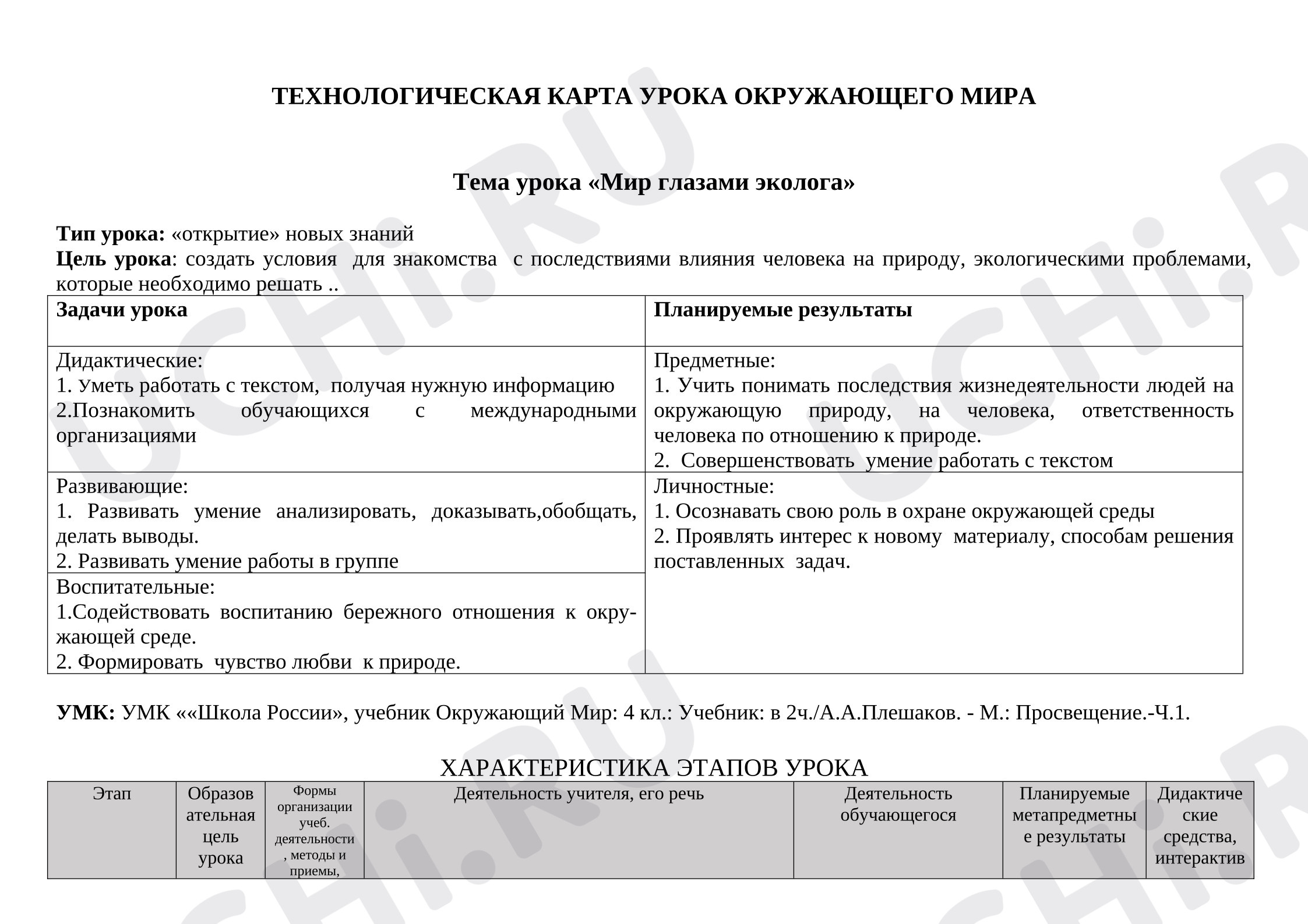 Предпросмотр материала Технологическая карта урока окружающего мира. Мир глазами эколога