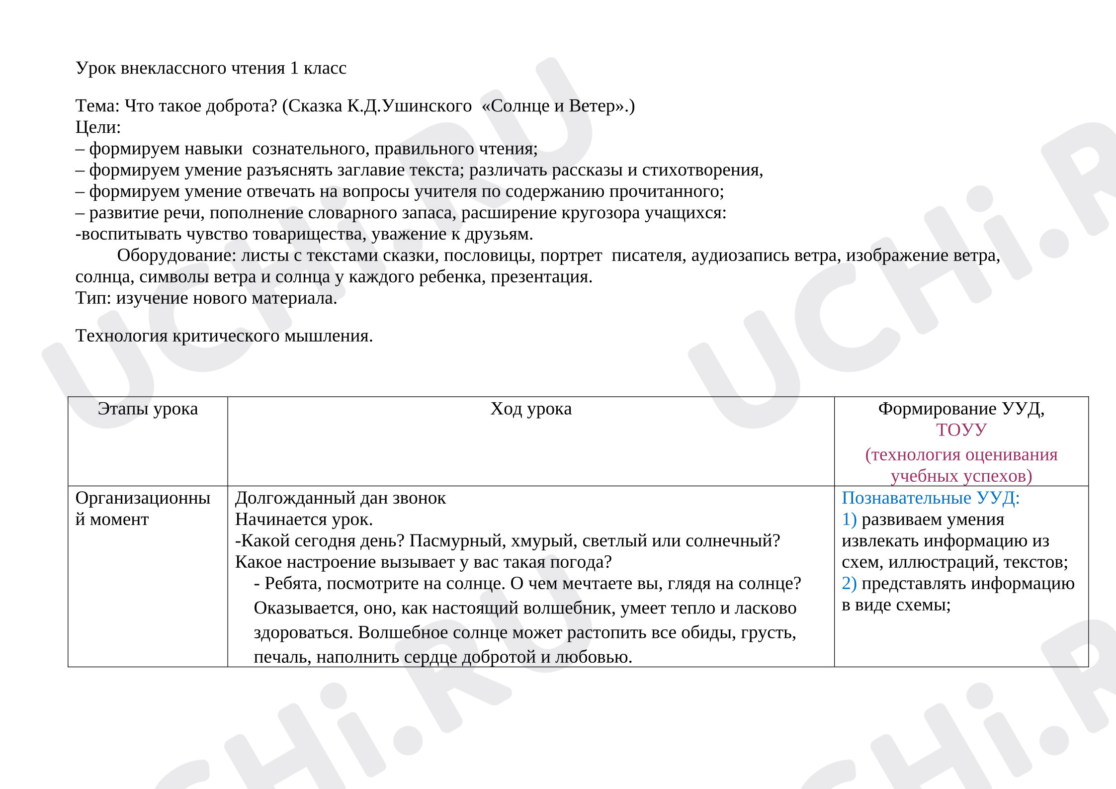 Предпросмотр материала План урока литературного чтения. Что такое доброта? К.Д. Ушинский «Мороз и солнце».