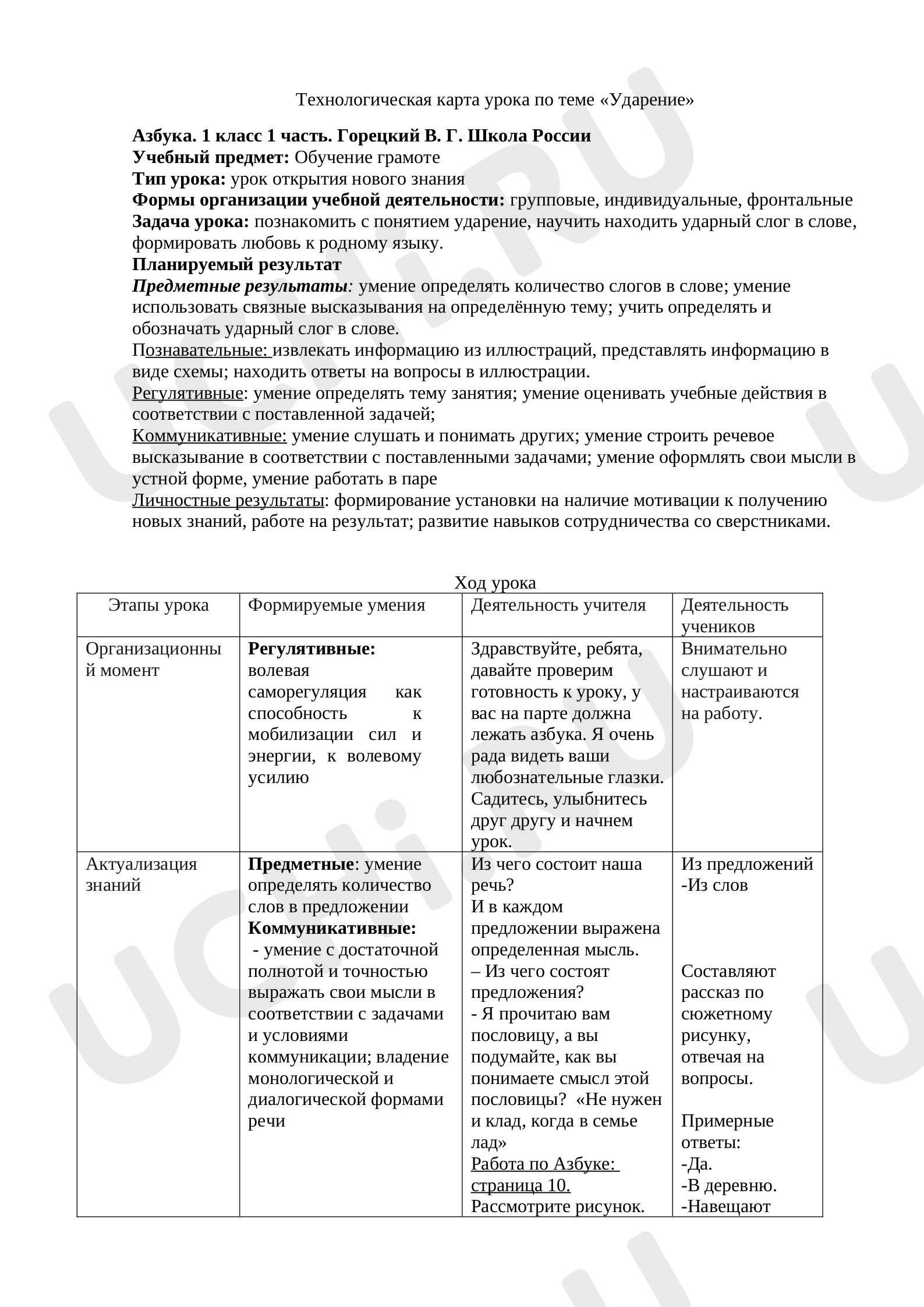 Предпросмотр материала Урока. Ударение