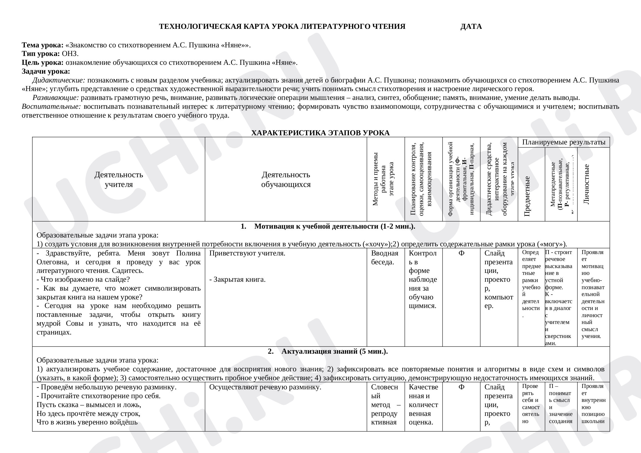 Предпросмотр материала Технологическая карта урока по литературному чтению по теме : «Знакомство со стихотворением А.С. Пушкина «Няне»».