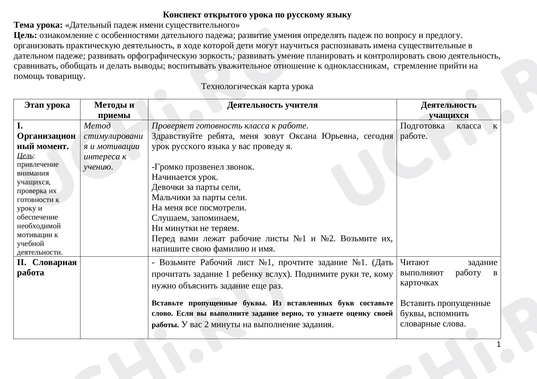 Предпросмотр материала Технологическая карта урока по теме "Дательный падеж имени существительного"