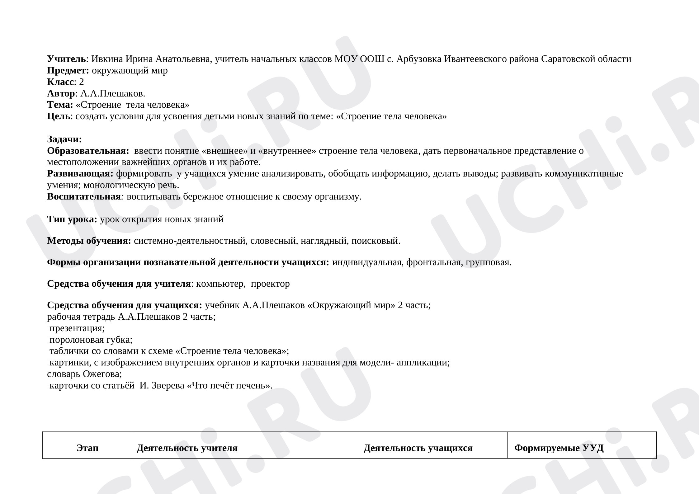 Предпросмотр материала Строение тела человека