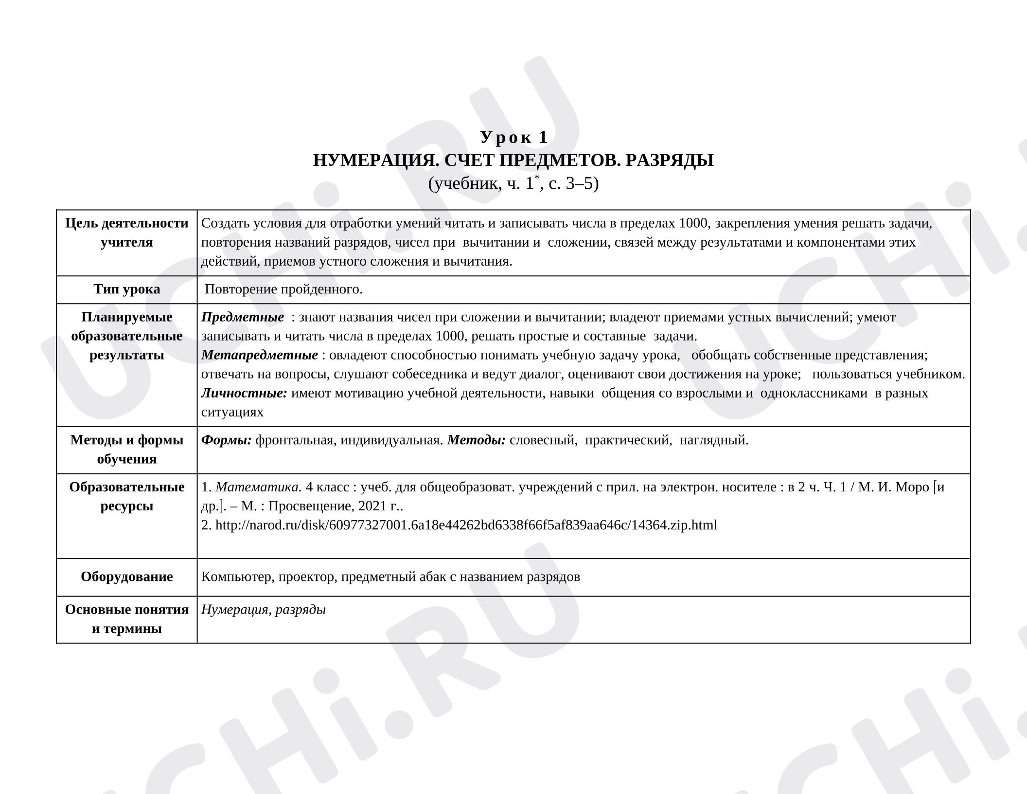 Предпросмотр материала План урока математики. Нумерация.
