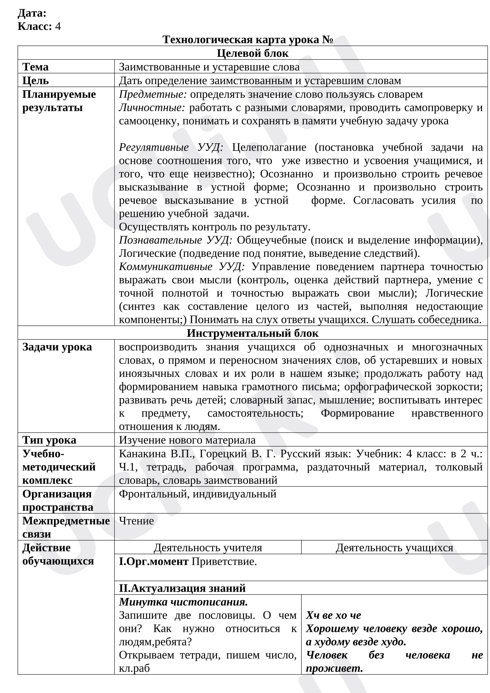 Предпросмотр материала План урока русского языка. Заимствованные слова. Словари