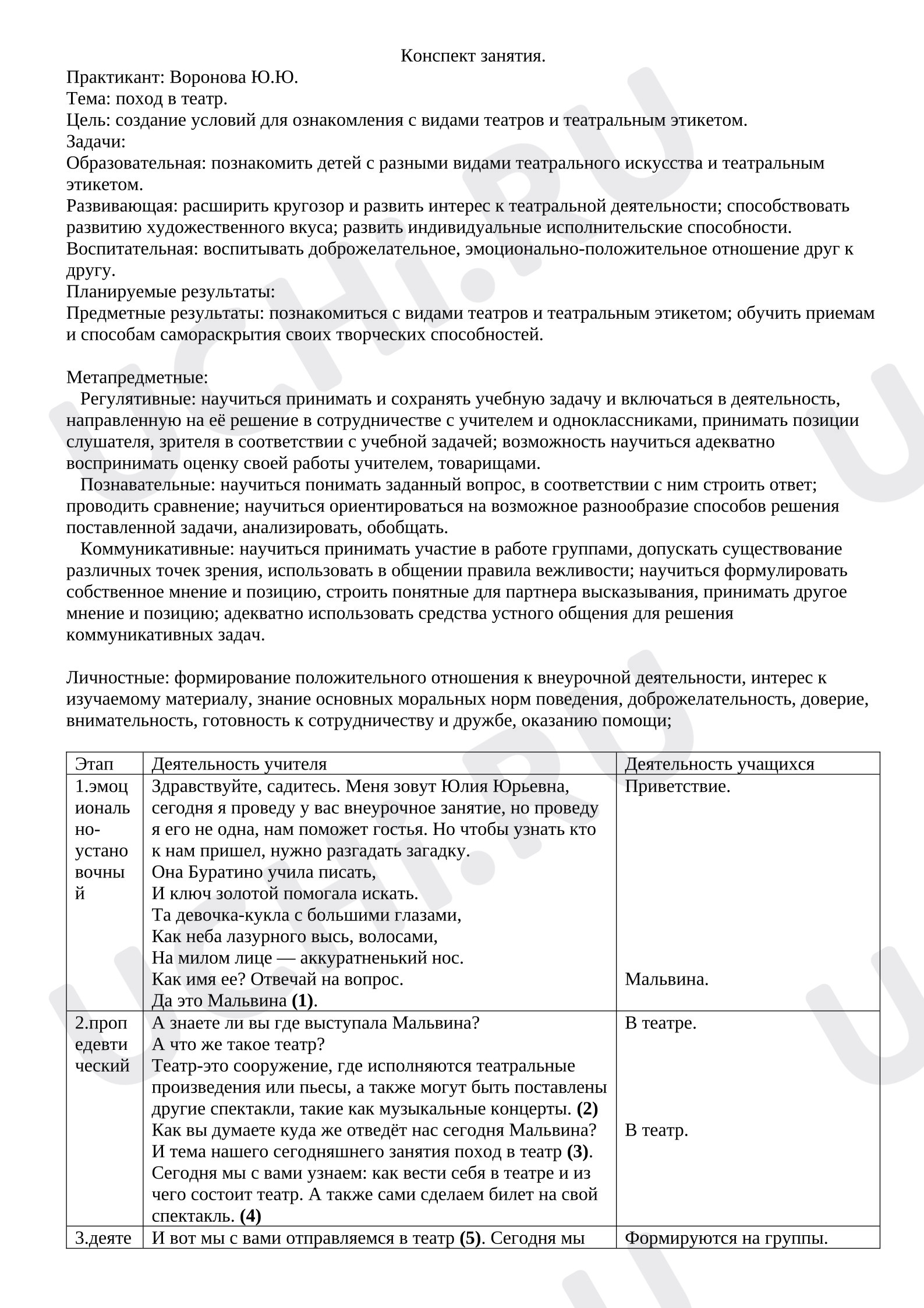 Предпросмотр материала План занятия. Поход в театр