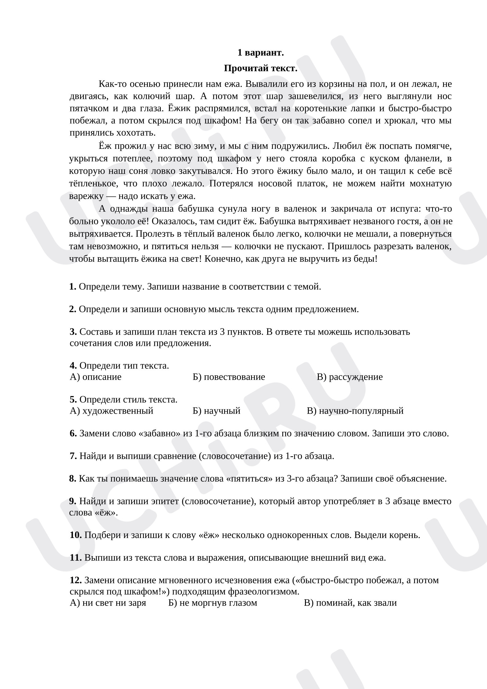 Предпросмотр материала Самостоятельная работа к уроку русского языка. Работа с текстом