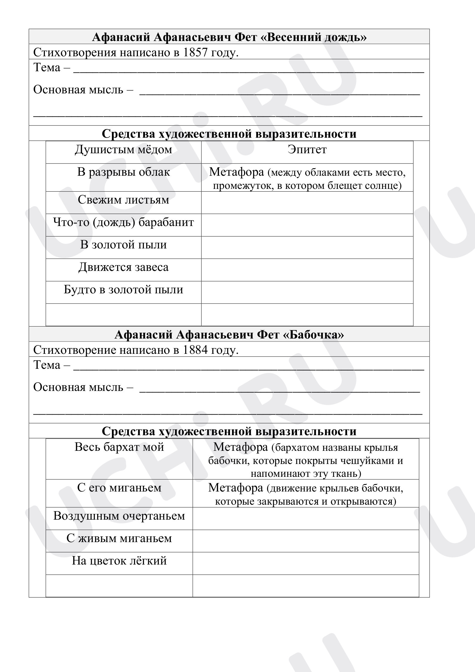 Предпросмотр материала Рабочие листы по литературному чтению. Афанасий Афанасьевич Фет «Весенний дождь», «Бабочка»