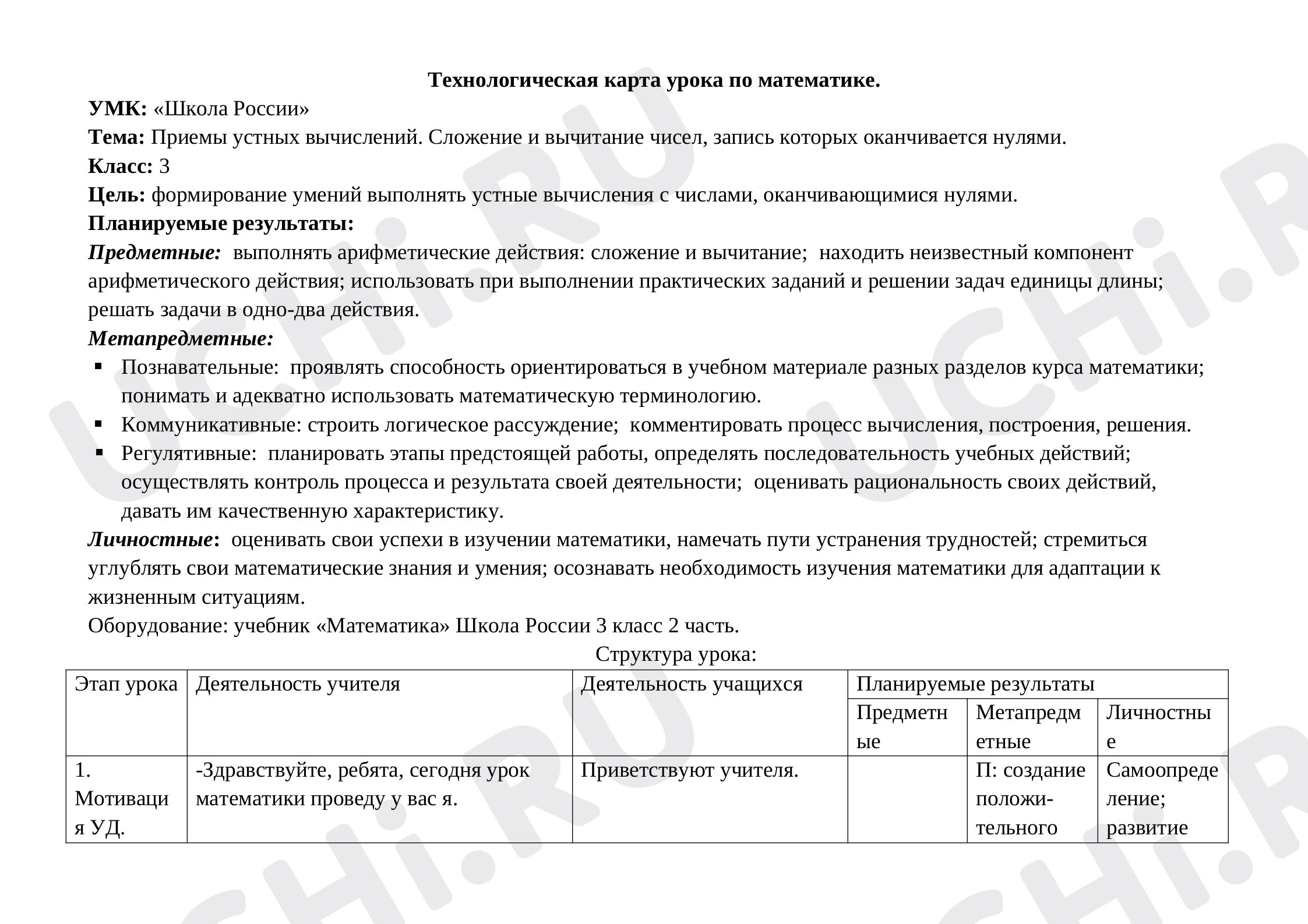Предпросмотр материала План урока математики по теме: Сложение и вычитание чисел, запись которых оканчивается нулями.