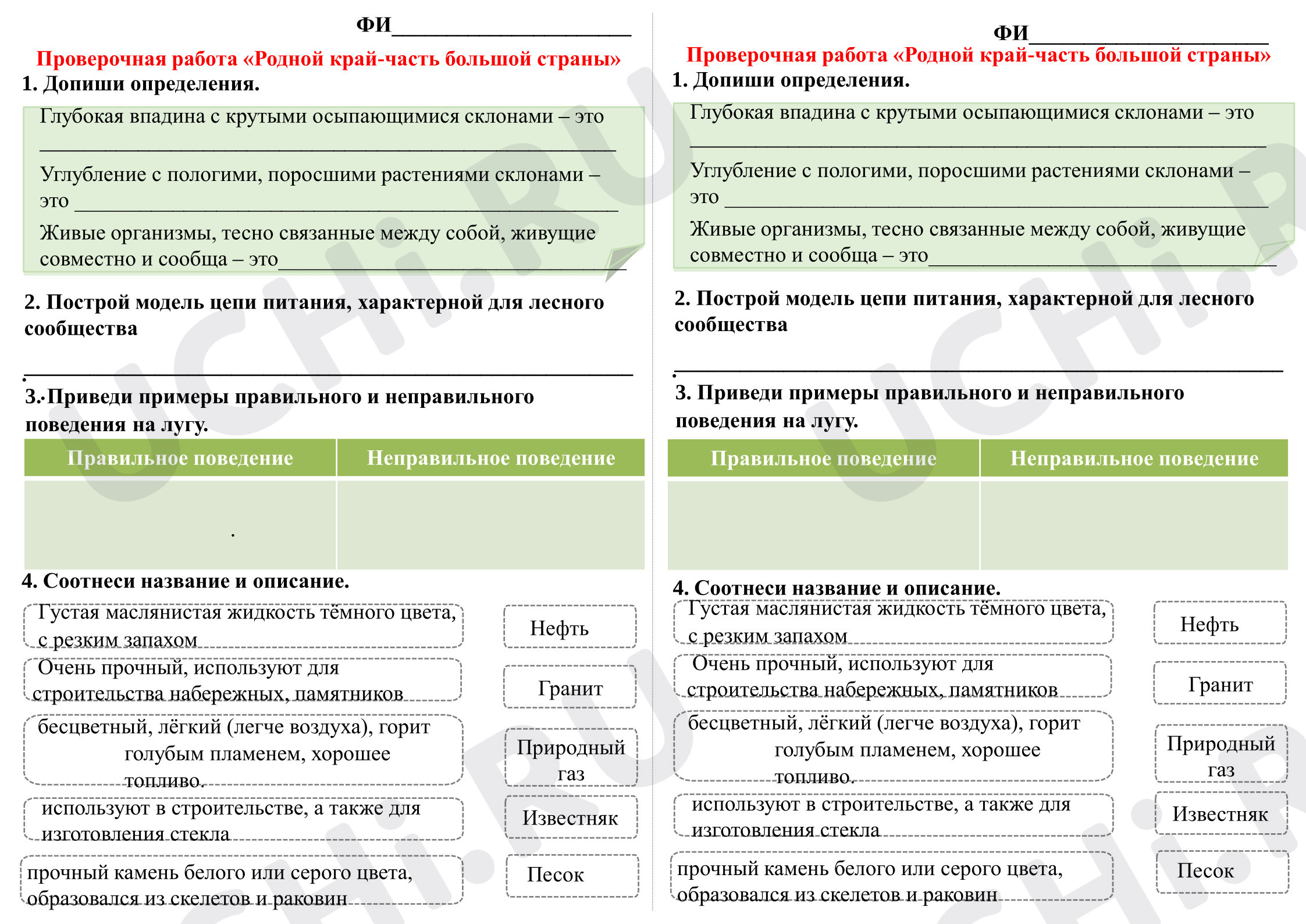 Предпросмотр материала Проверочная работа к уроку окружающего мира «Родной край-часть большой страны»