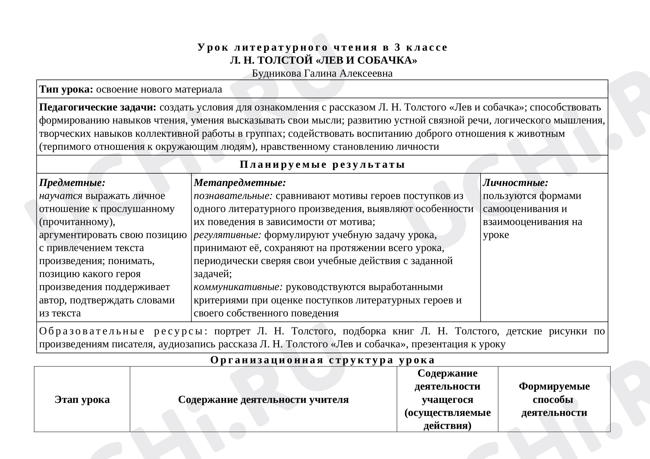 Предпросмотр материала План урока литературного по теме: Л.Н. Толстой "Лев и собачка"