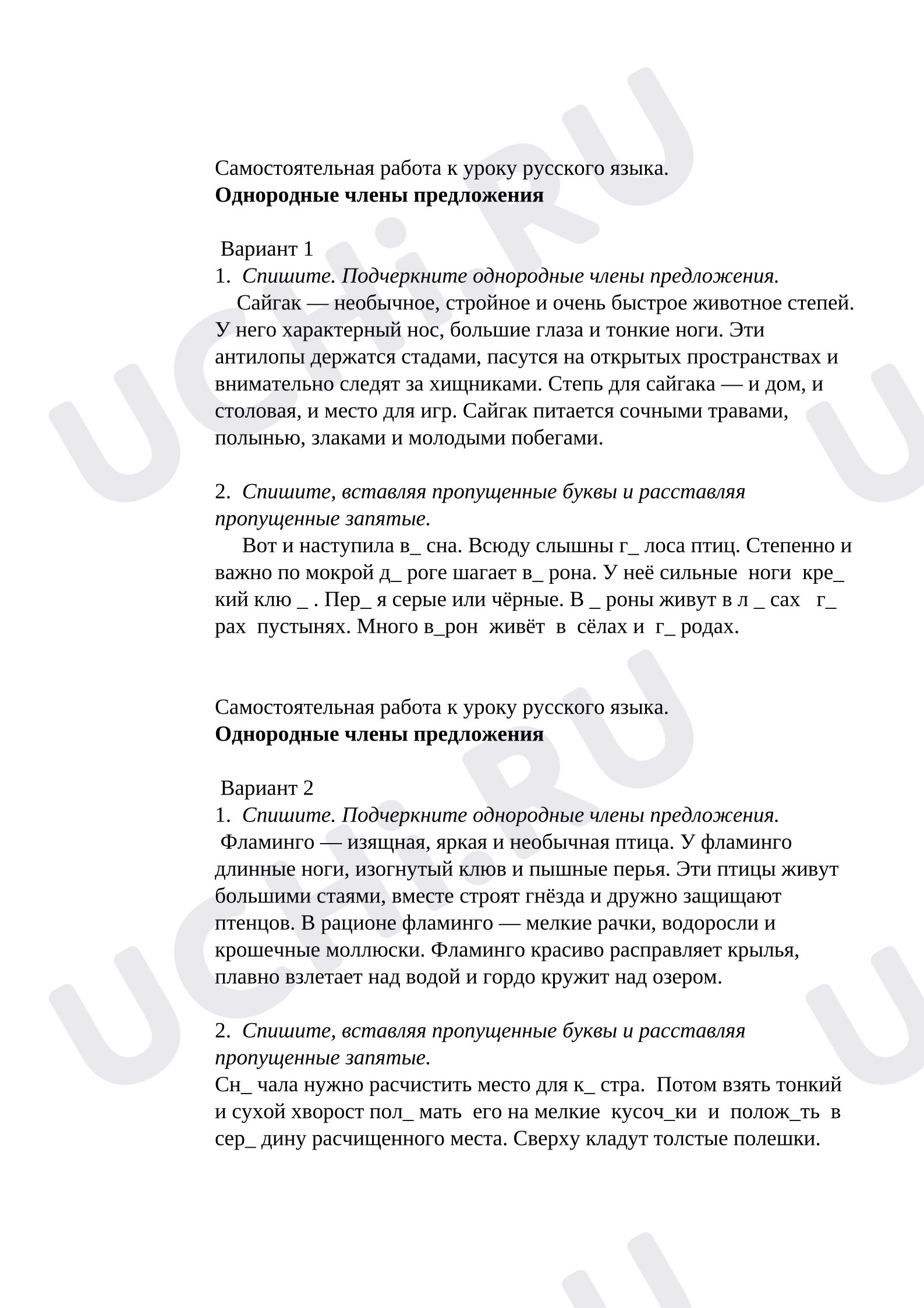 Предпросмотр материала Самостоятельная работа по русскому языку. Однородные члены предложения.