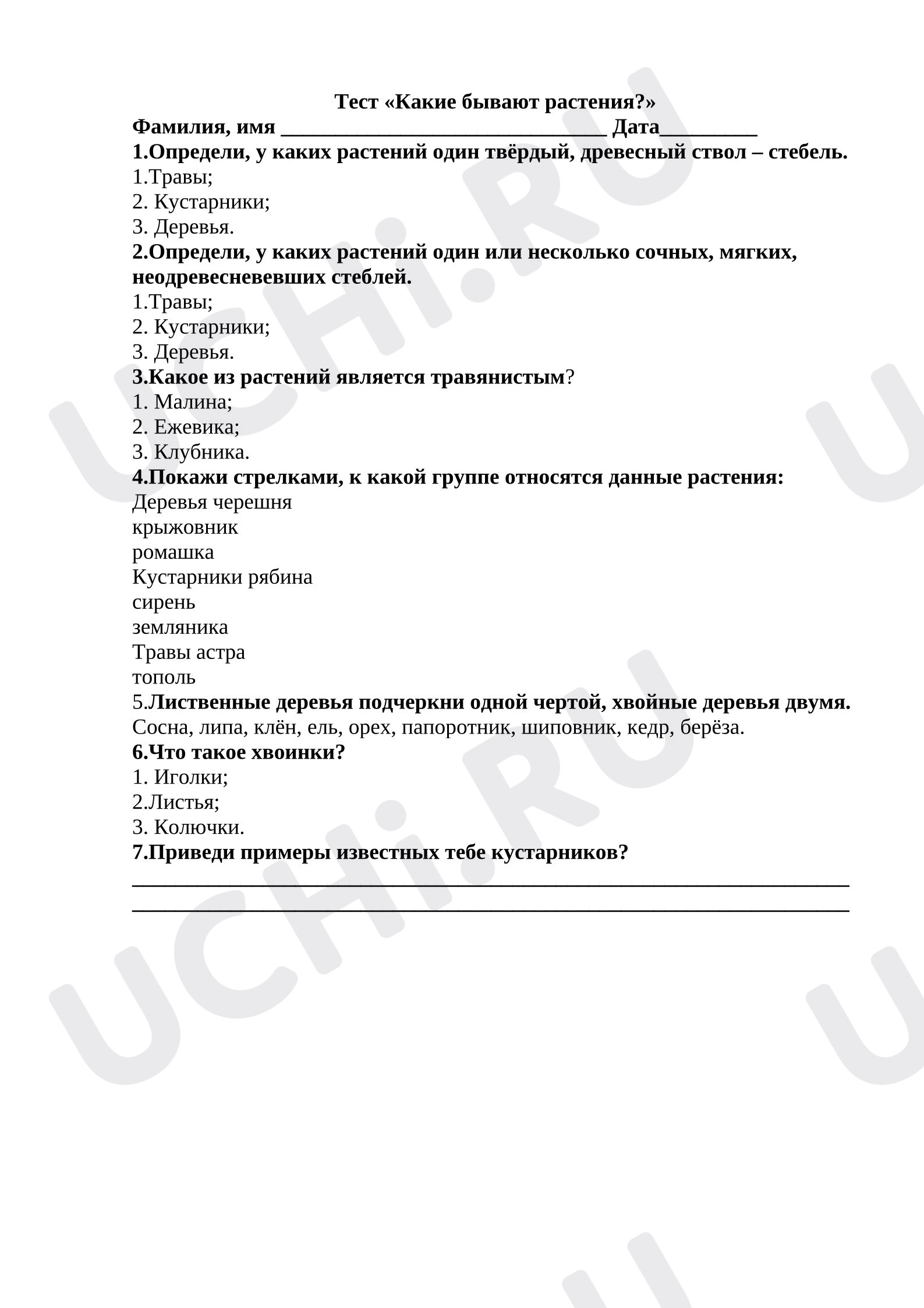 Предпросмотр материала Проверочная работа к уроку окружающего мира. Тест «Какие бывают растения».