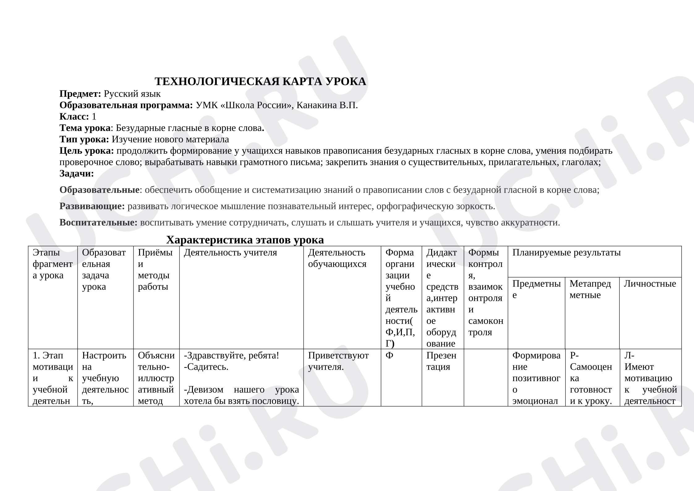 Предпросмотр материала План урока русского языка. Безударные гласные в корне слова