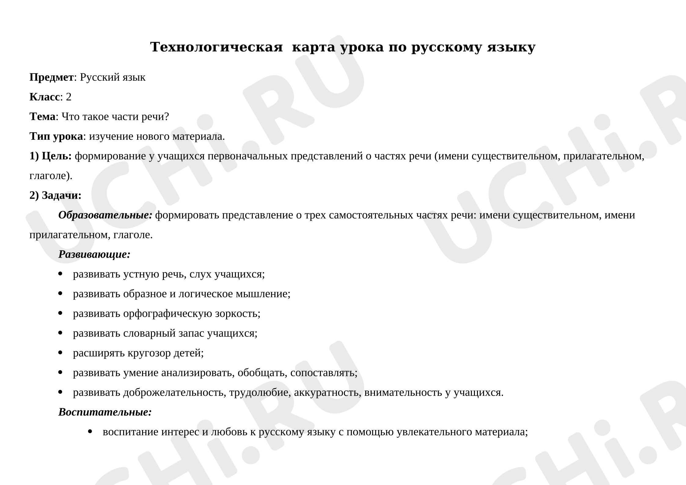 Предпросмотр материала План урока русского языка. Что такое части речи?